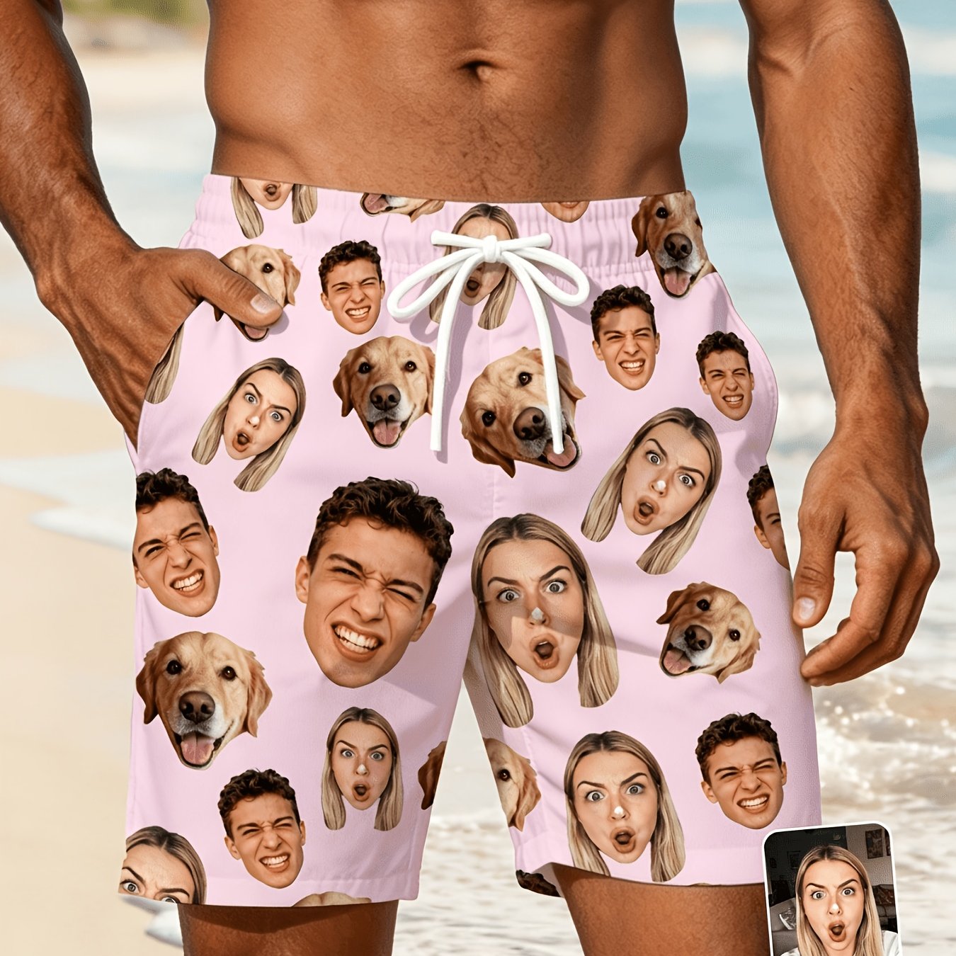 TEMU 3d Custom Funny Face And -print Men's Beach Shorts, Available In Multiple Colors, Quick-dry Drawstring Seaside Shorts, A Unique Holiday Gift For