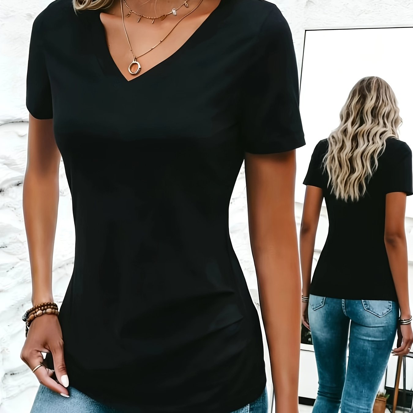 E-shop Damen T-Shirt mit klassischem V-Ausschnitt Rüschensaum, weicher dehnbarer bequemer Stoff, maschinenwaschbar, lässiges vielseitiges einfarbiges