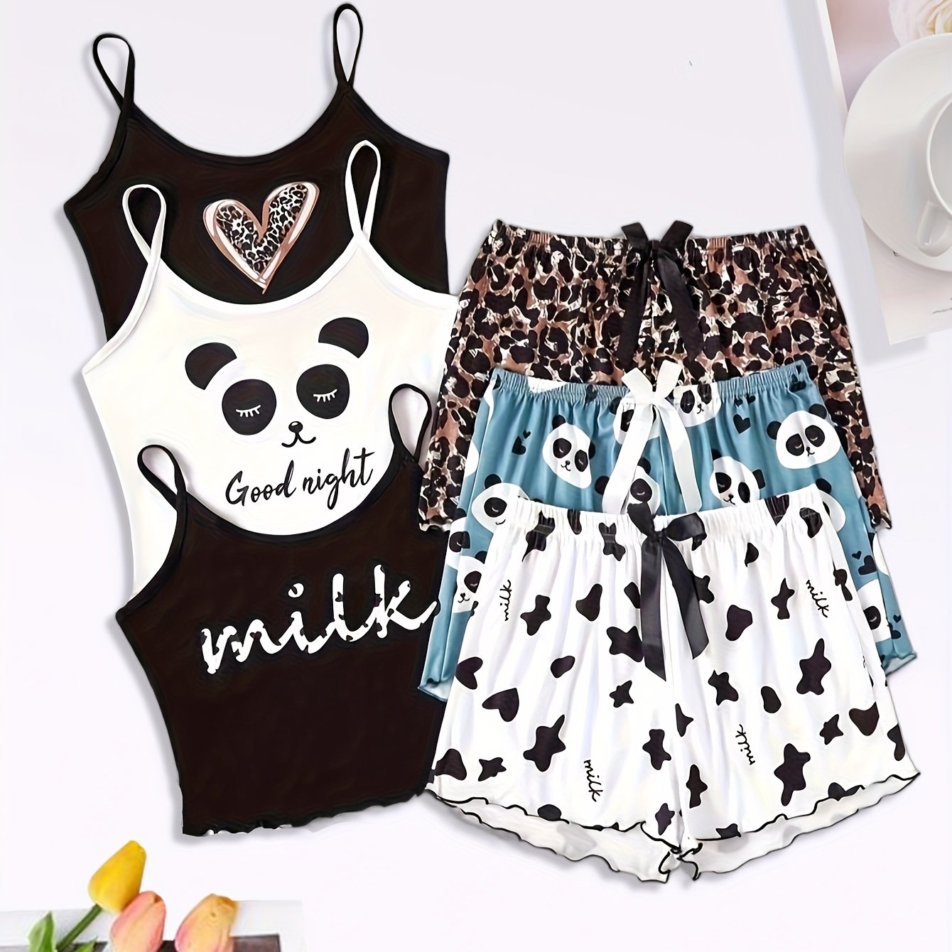 E-shop Dreiteiliges Set aus Hosenträger-Shorts Pyjamas, Cartoon Casual Loungewear