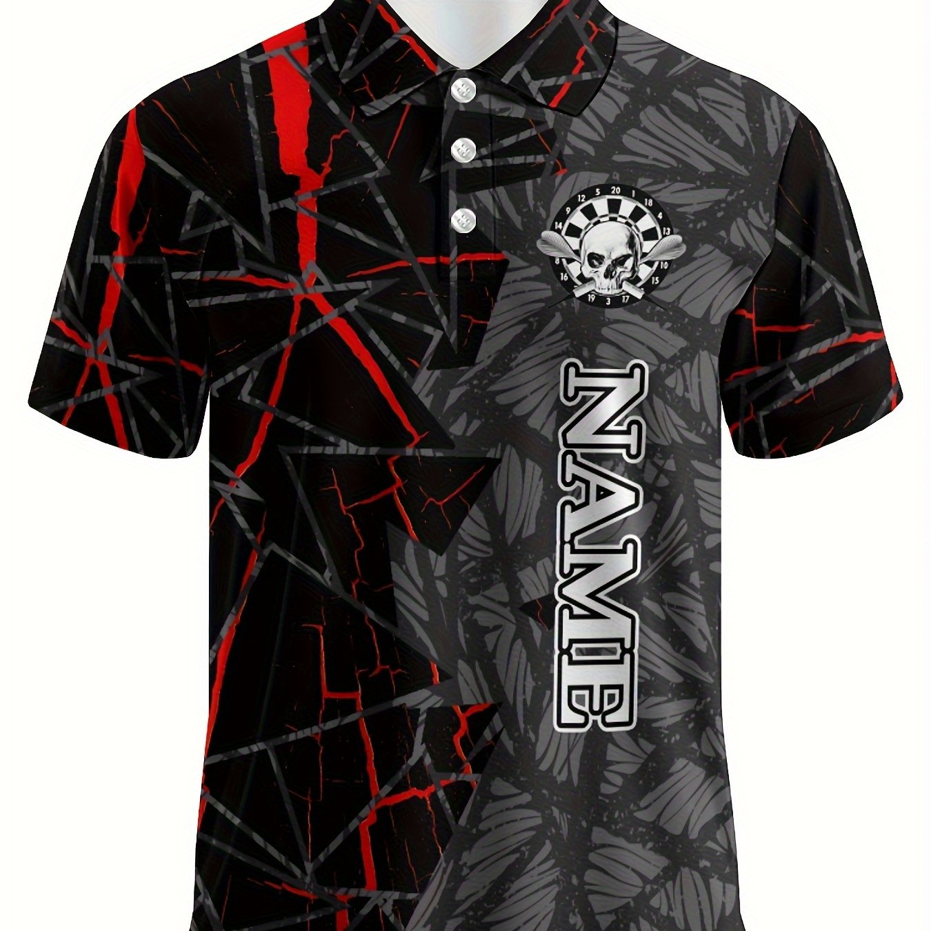 E-shop Personalisiertes Herrenhemd mit Totenkopf- und Dartdruck – Individueller Name & Teamlogo, Schwarz-Rot Distressed Design, Kurzarm-Kragen,