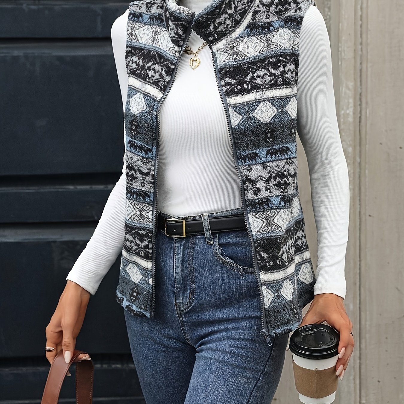 TEMU Vintage Print Double-sided Plush Casual Women's Zipper Cardigan With Lapel, Autumn/winter Plush Vest
