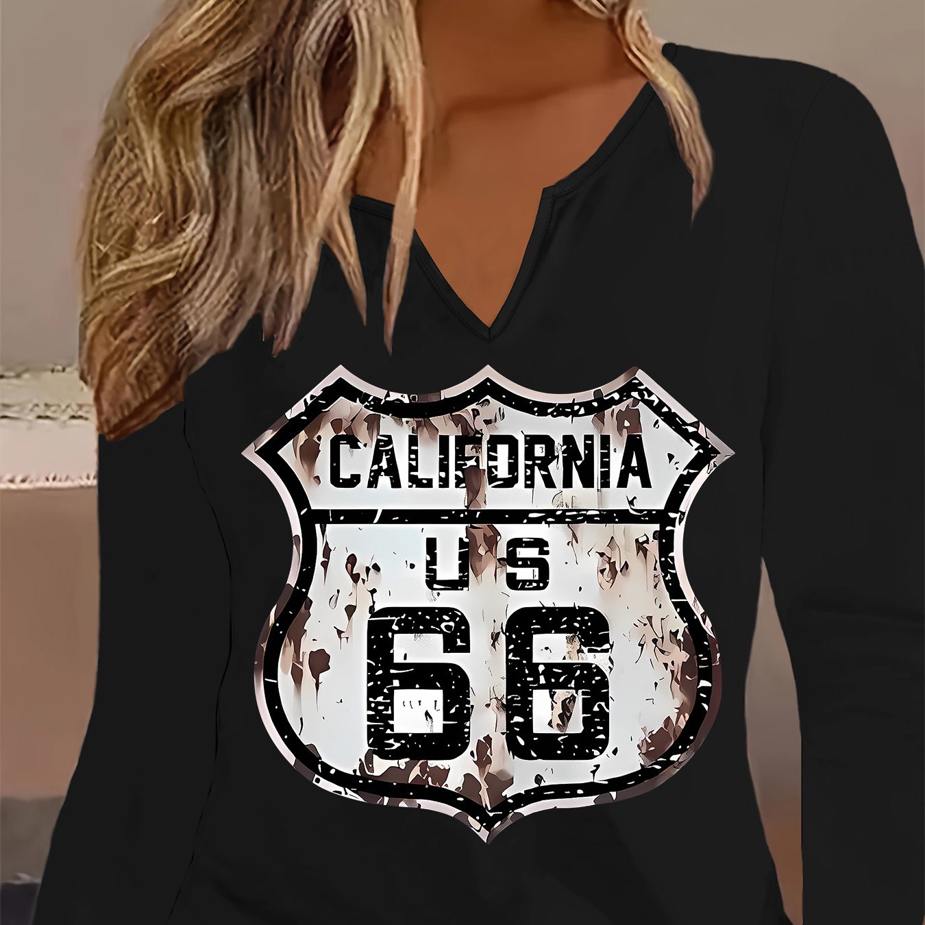 TEMU Graphic Print T-shirt, Long Sleeve V Neck Casual Top For Spring & Fall, Women's Clothing