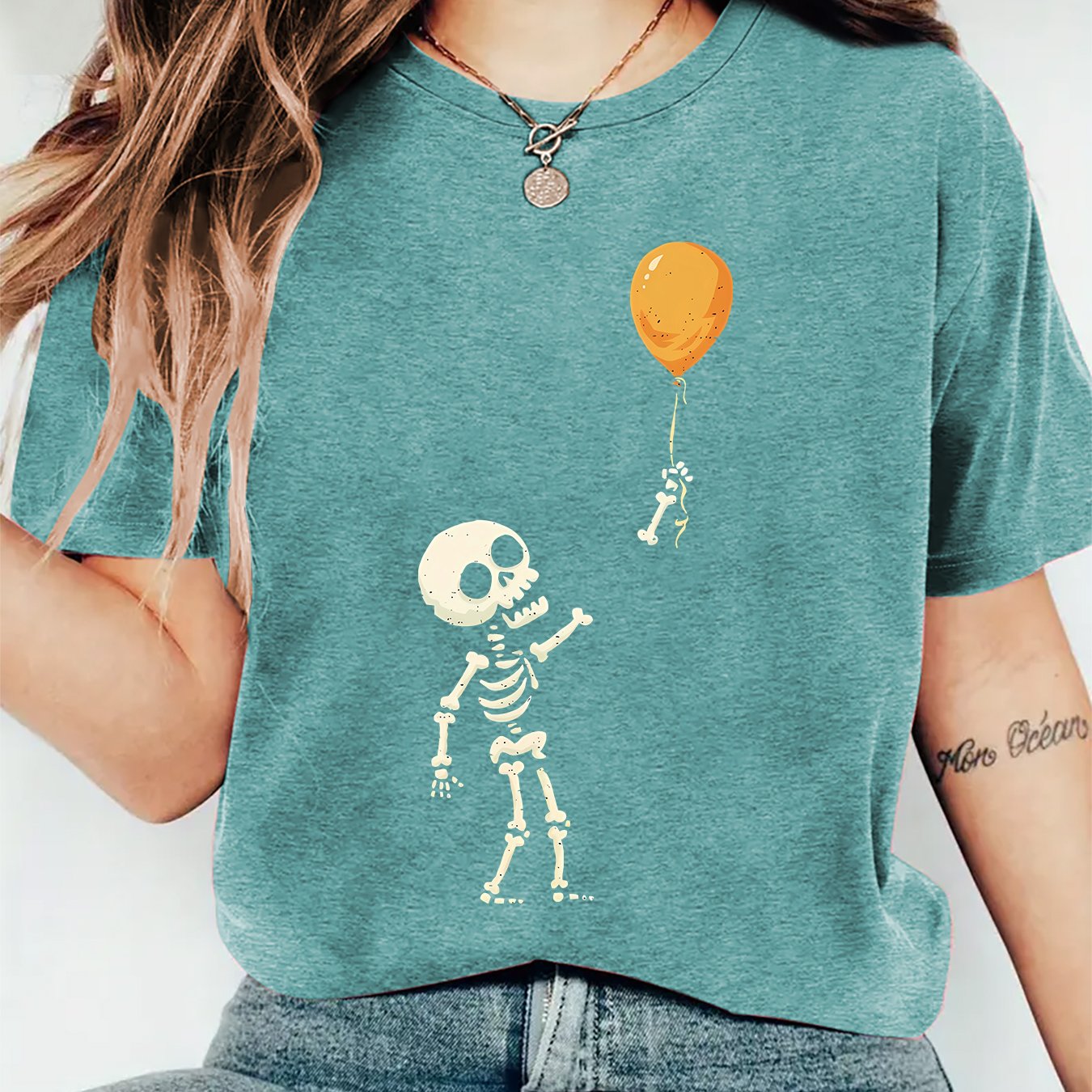 TEMU Women's Retro Gothic Skeleton Balloon Print T-shirt - Short Sleeve Round Neck Top With Orange Balloon & Bone, Machine Washable Suitable For