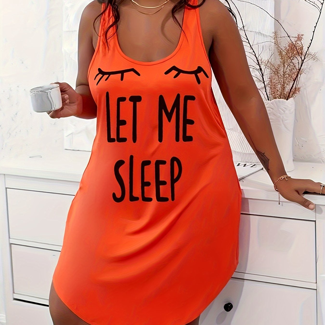 Image of Women's Plus Casual Sleep Dress, Plus Size Eyelash & Letter Print Racer Back Tank Nightdress