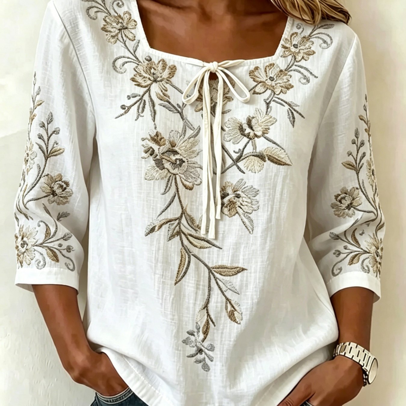 Women's Vintage Floral -neck Tie-front Shirt