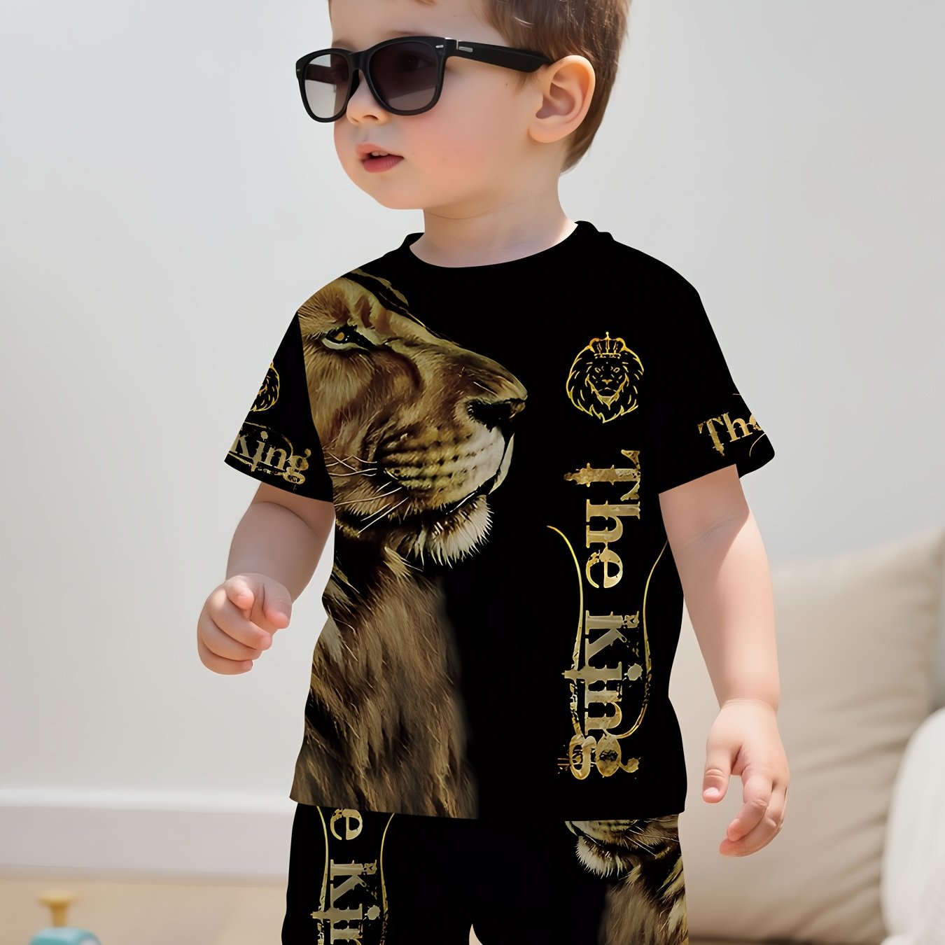 Image of 2pcs Summer New Boy's Casual Sporty Fashion "" Lion Print Crewneck T-shirt And Shorts Set, Perfect For Outdoor