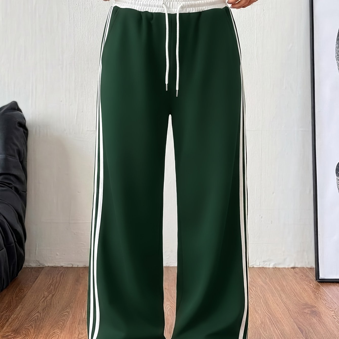 TEMU Lounge Style Wide-leg Pants, White Edge Color-block Striped High-waist Drawstring Trousers With Drape Fabric, Loose Fit For Body Concealment And