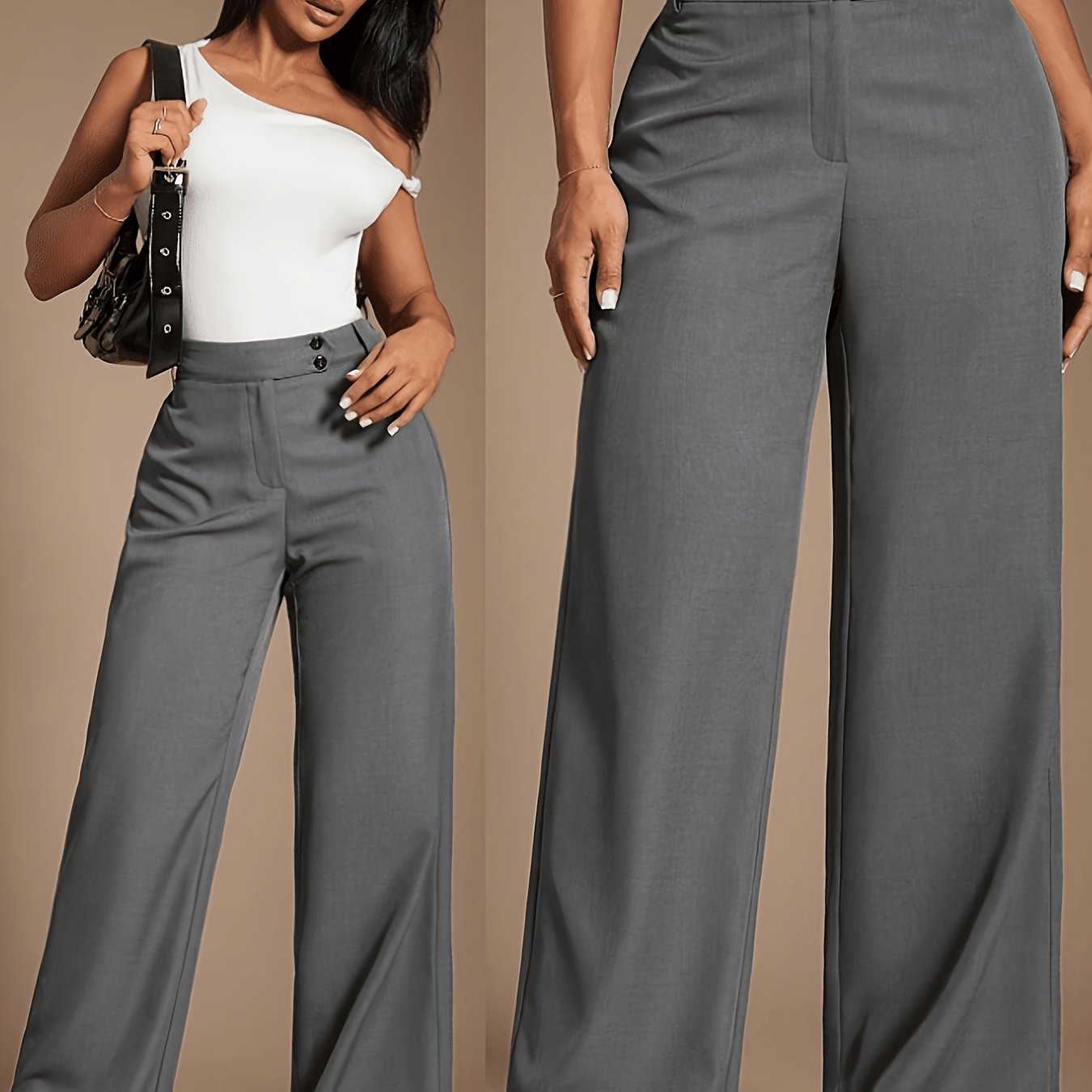TEMU Women's Gray Fabric Extra-long Straight-leg Pants, A Stylish And Look For Office Work, Business, And Casual