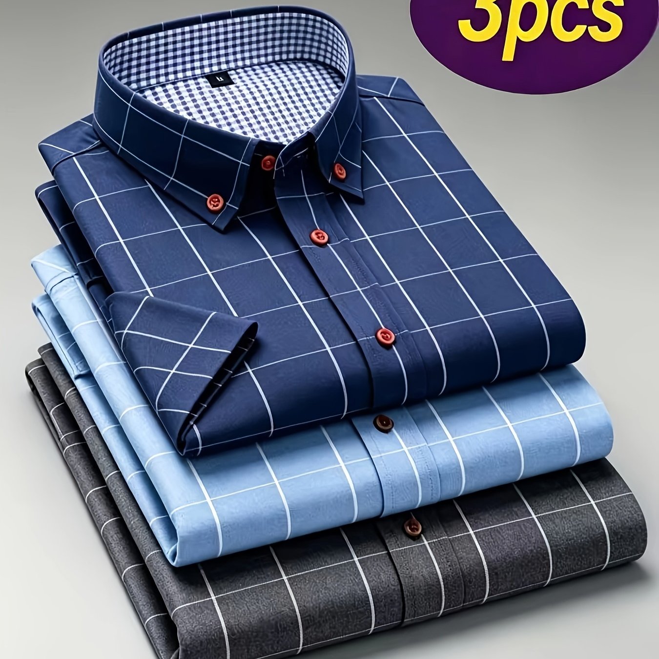 TEMU Three-pc Men's Vintage Elegant Short-sleeve Shirts, Comfortable And Wrinkle-free, With Lapel Collar And Buttons, Essential For Daily Wear