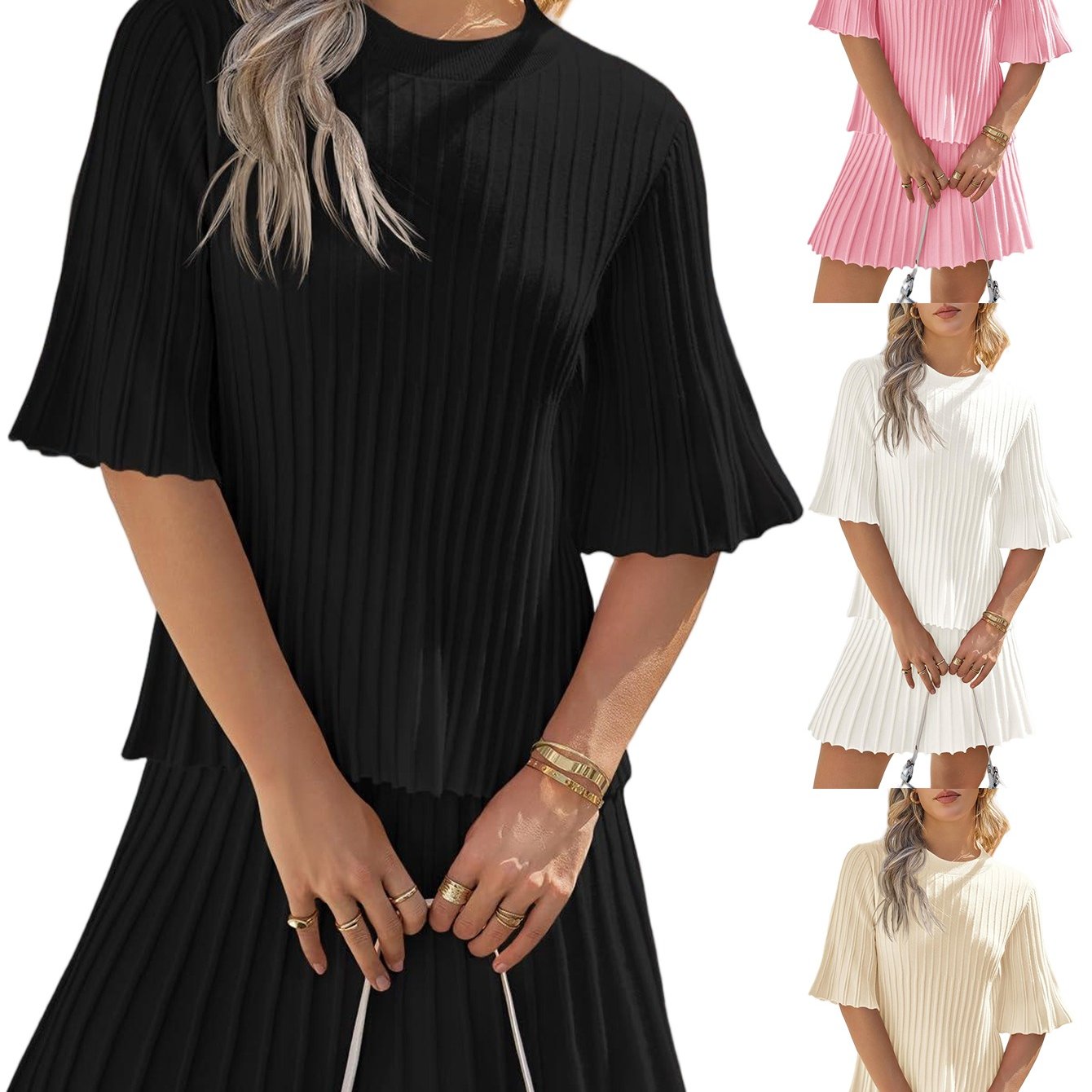 2pcs Womens Sweater Sets | Summer Half Sleeve Ribbed Top And Pleated Skirt Set Lounge Set, High Neck, Solid Color