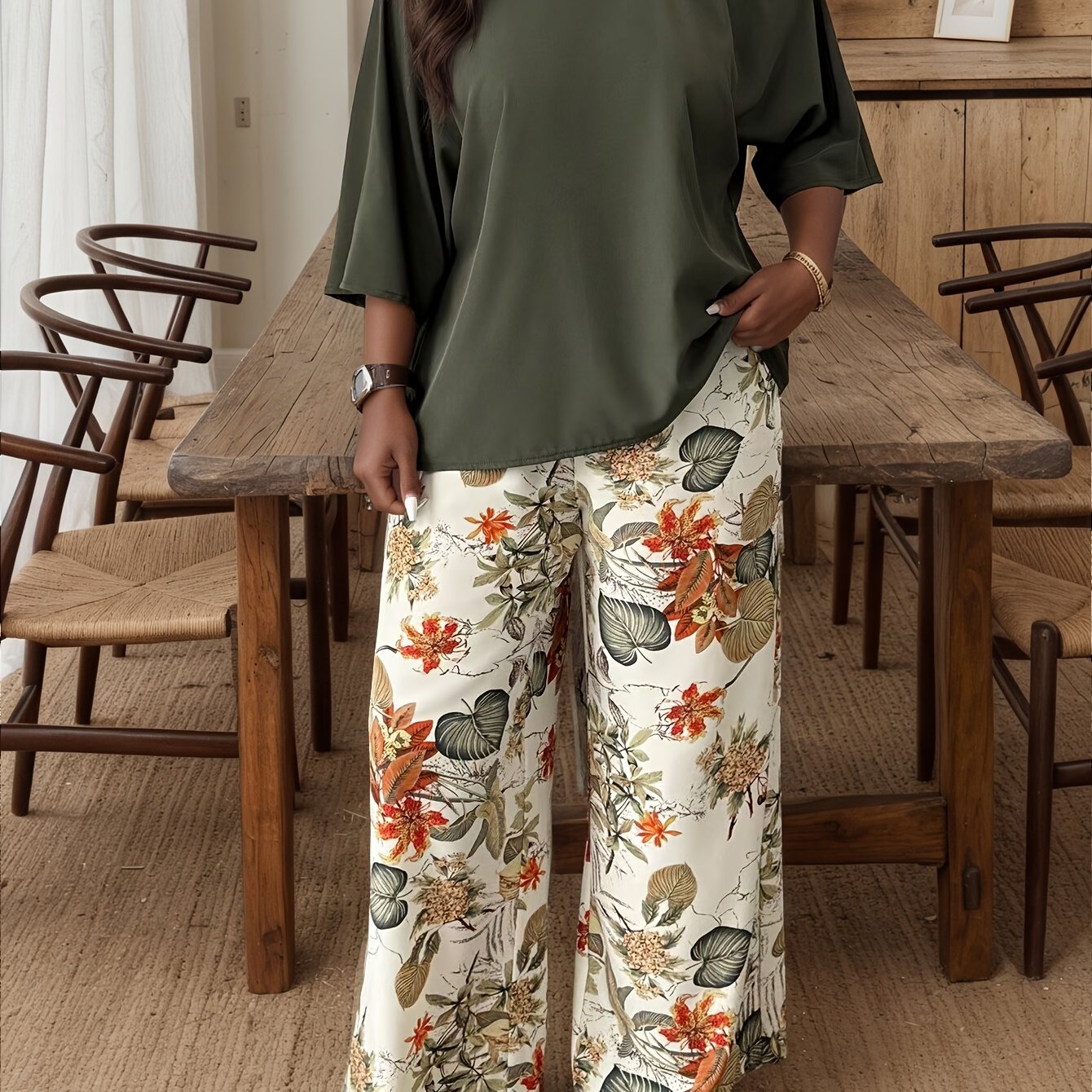 TEMU 2025 Western Style Off-shoulder Vintage Fashion Elegant Irregular Loose Short Sleeve Top And Pants Set