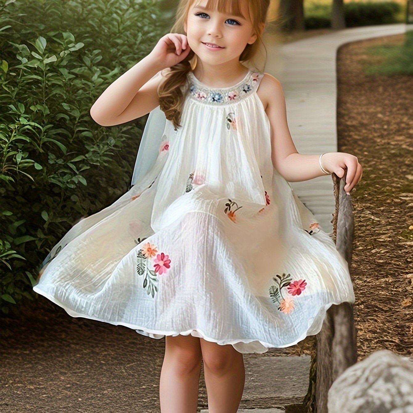 TEMU Girls' Summer Floral Sleeveless Dress, Casual Style Princess Tulle Dress For Party And Everyday Wear