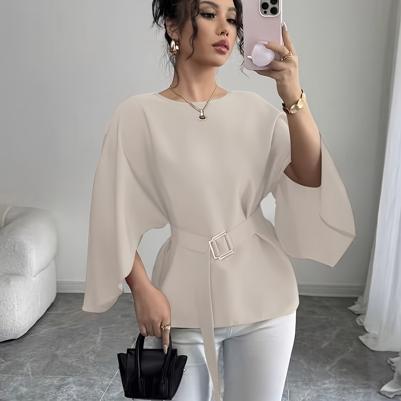 TEMU Women's Batwing Sleeve Blouse - Round Neck Summer Shirt With, Solid Color Elegant Top For Spring/summer, Casual & Semi-formal Wear (french