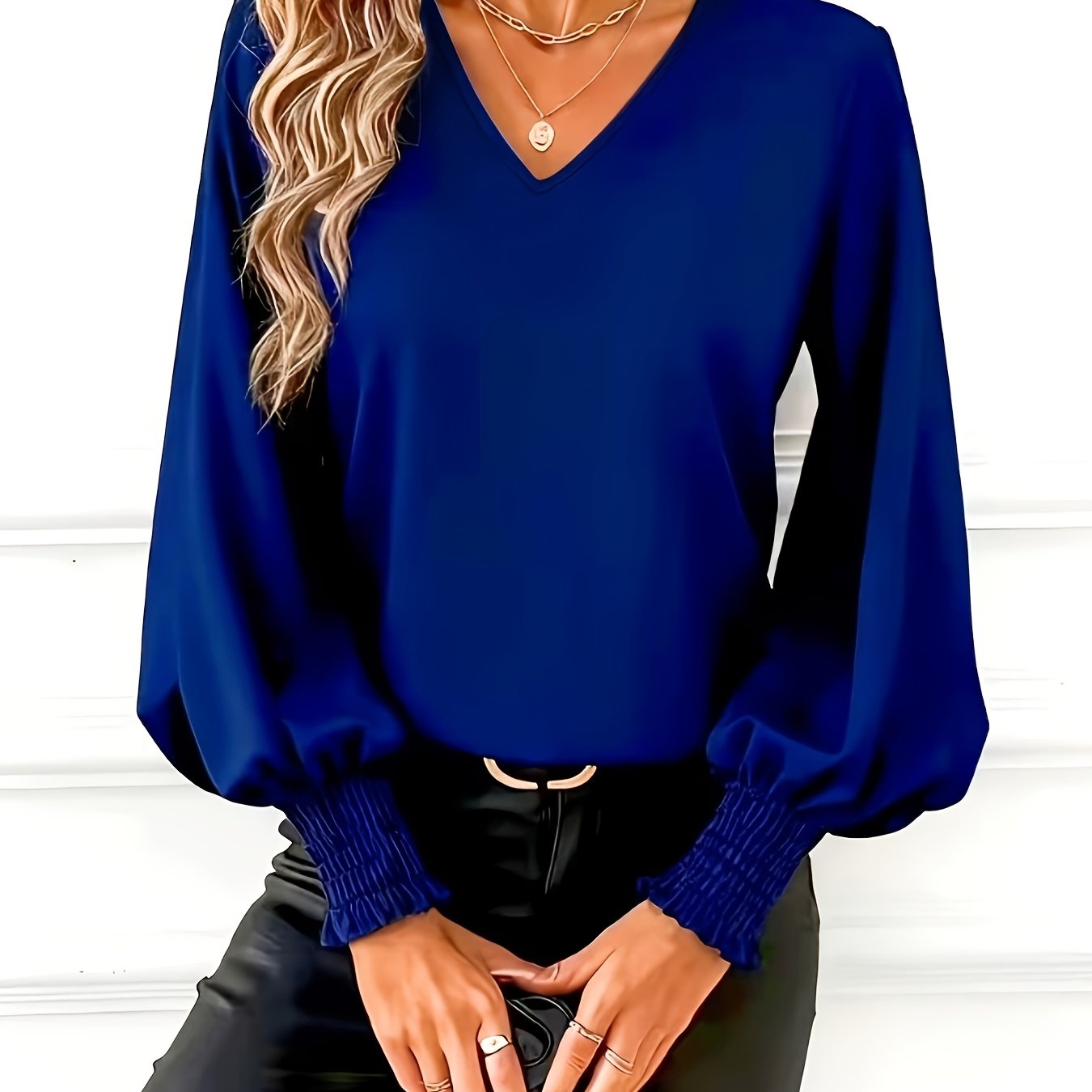 TEMU Elegant Solid Color Lantern Sleeve Blouse For Women - Beautiful V-neck Long Sleeve Blouse With Sleeve Design, A Simple Long Sleeve Top Suitable
