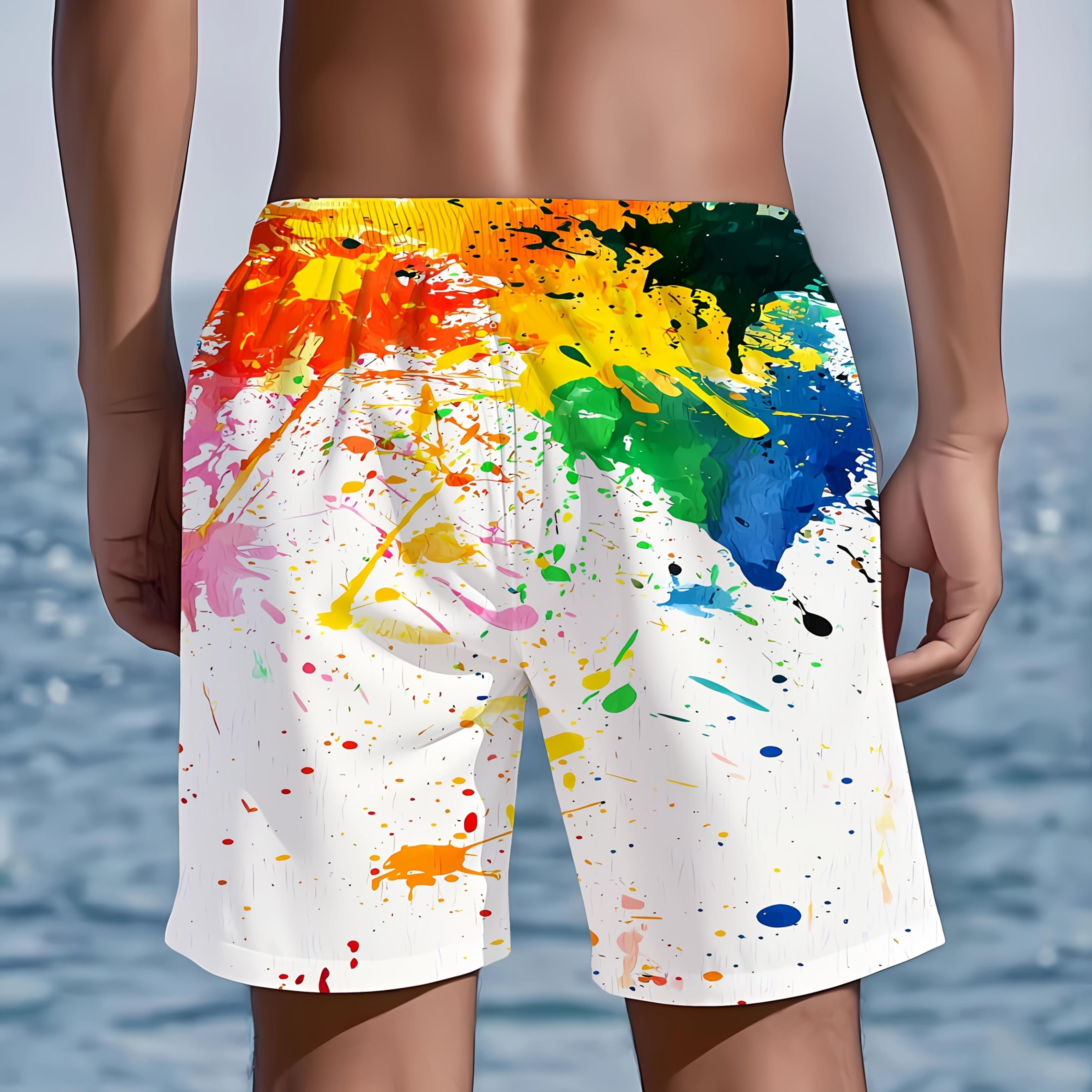 TEMU [print Design - No Texture] Multicolor Splatter Print Men's Swim Trunks, Unlocking Summer Beach