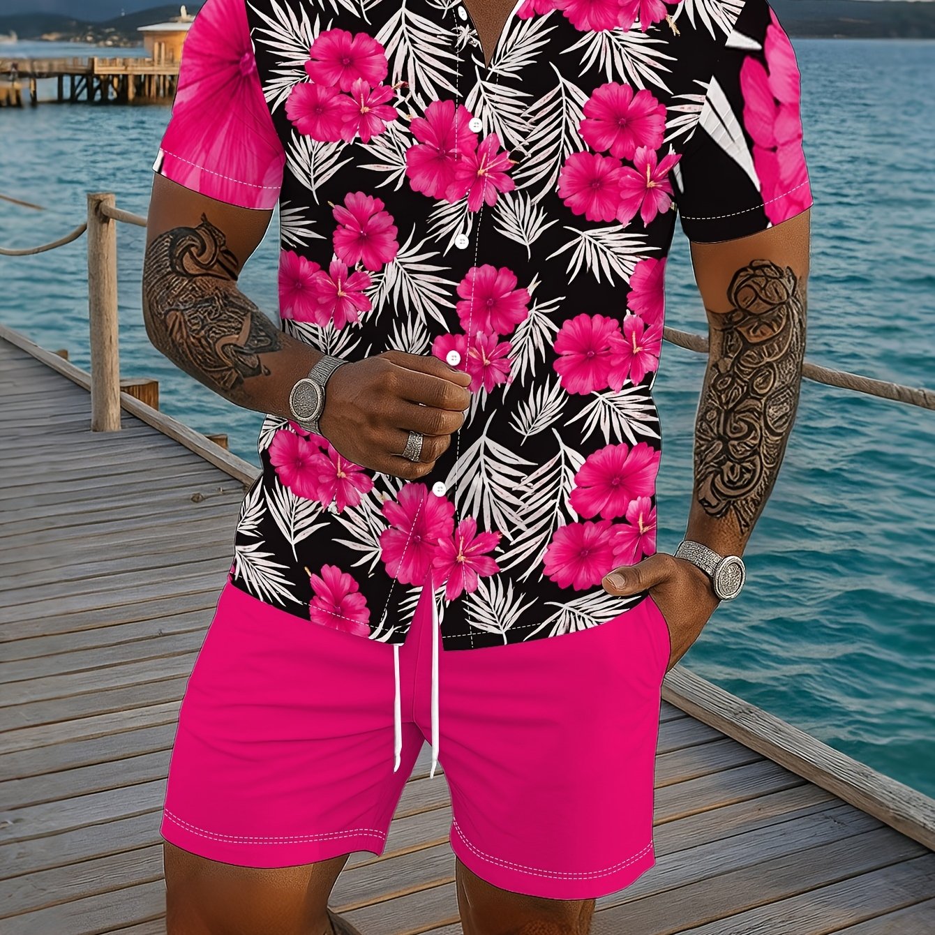 TEMU Conjunto de camisa para hombre, con flores hawaianas y colores brillantes, un conjunto de 2 piezas de camisa de manga corta y pantalones cortos