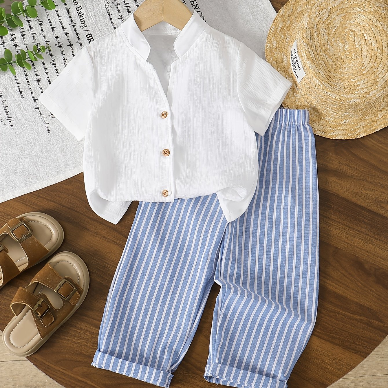 Image of 2pcs Set Of Boys' Solid Color Casual Shirt And Striped Pants - Exquisite Top Suitable For Boys, Casual Wear, For Formal Occasions, Suitable For Outdoor Play And