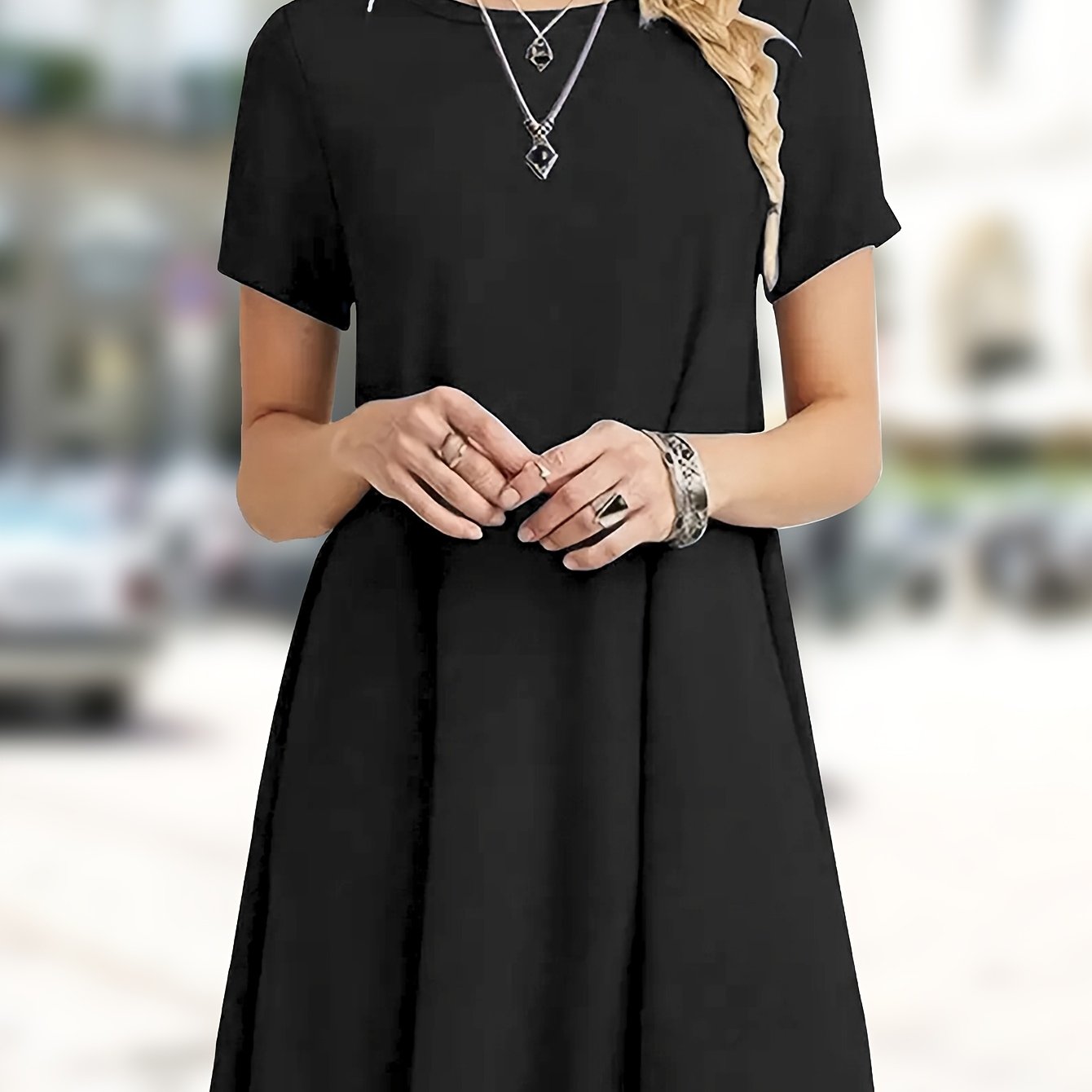 E-shop Lässiges, einfarbiges, schlichtes, lockeres Kurzarm-T-Shirt-Kleid für Damen