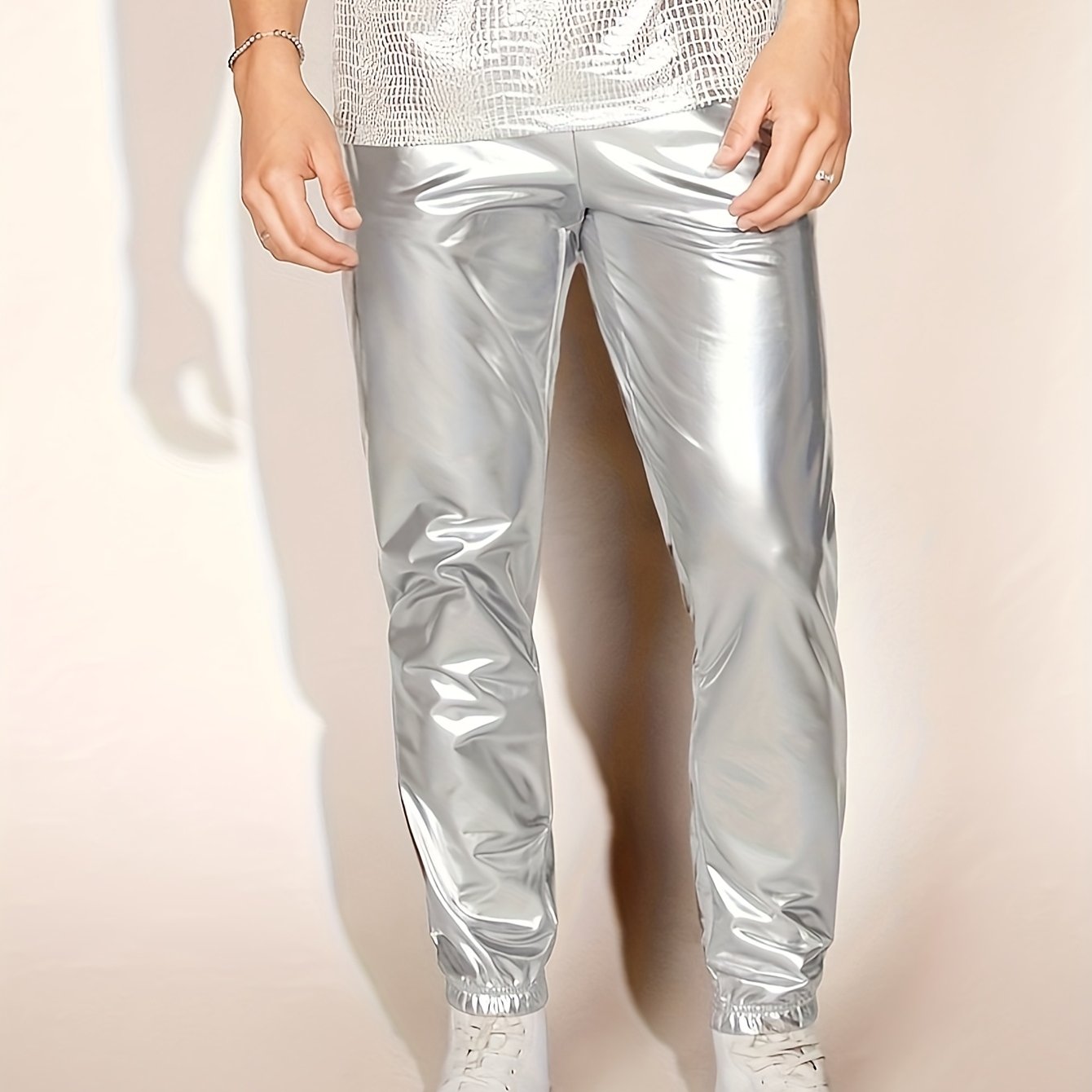TEMU Men's Fashion Silvery Glossy Texture Ankle-cinching Casual Trousers, Trendy And Individual, Effortlessly Styles