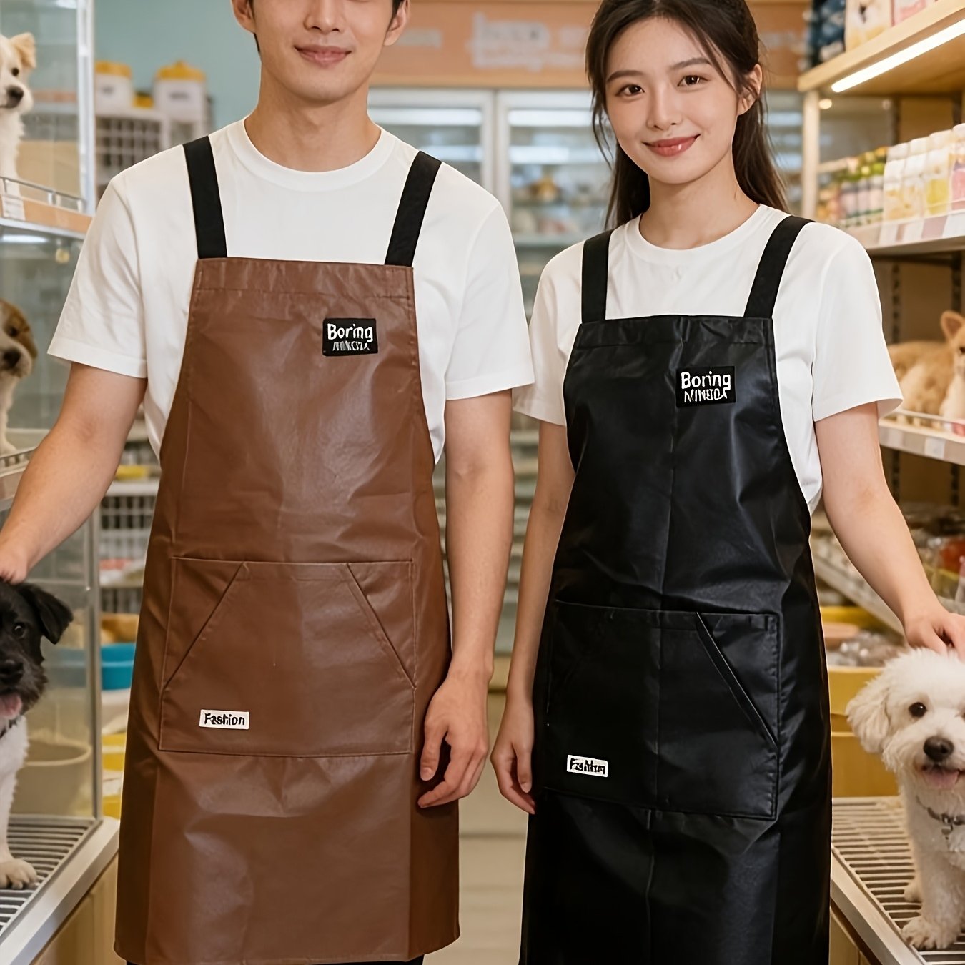 TEMU 2pcs Set Black And Tan Soft Pvc Suspender Style Large Pocket Unisex Kitchen Pet Work Apron