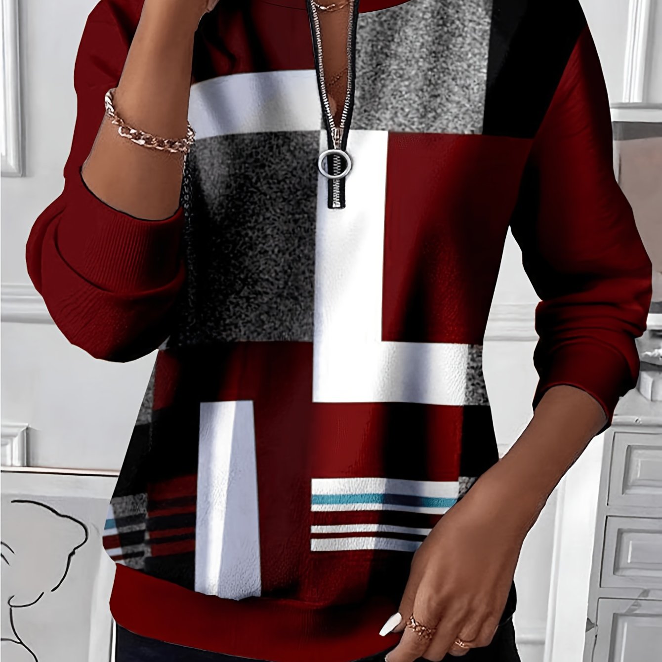 TEMU Women's Fashion Sweatshirt, New Autumn/winter Geometric Long Sleeve Pullover, Color-block Square Artistic Ring Half- ()