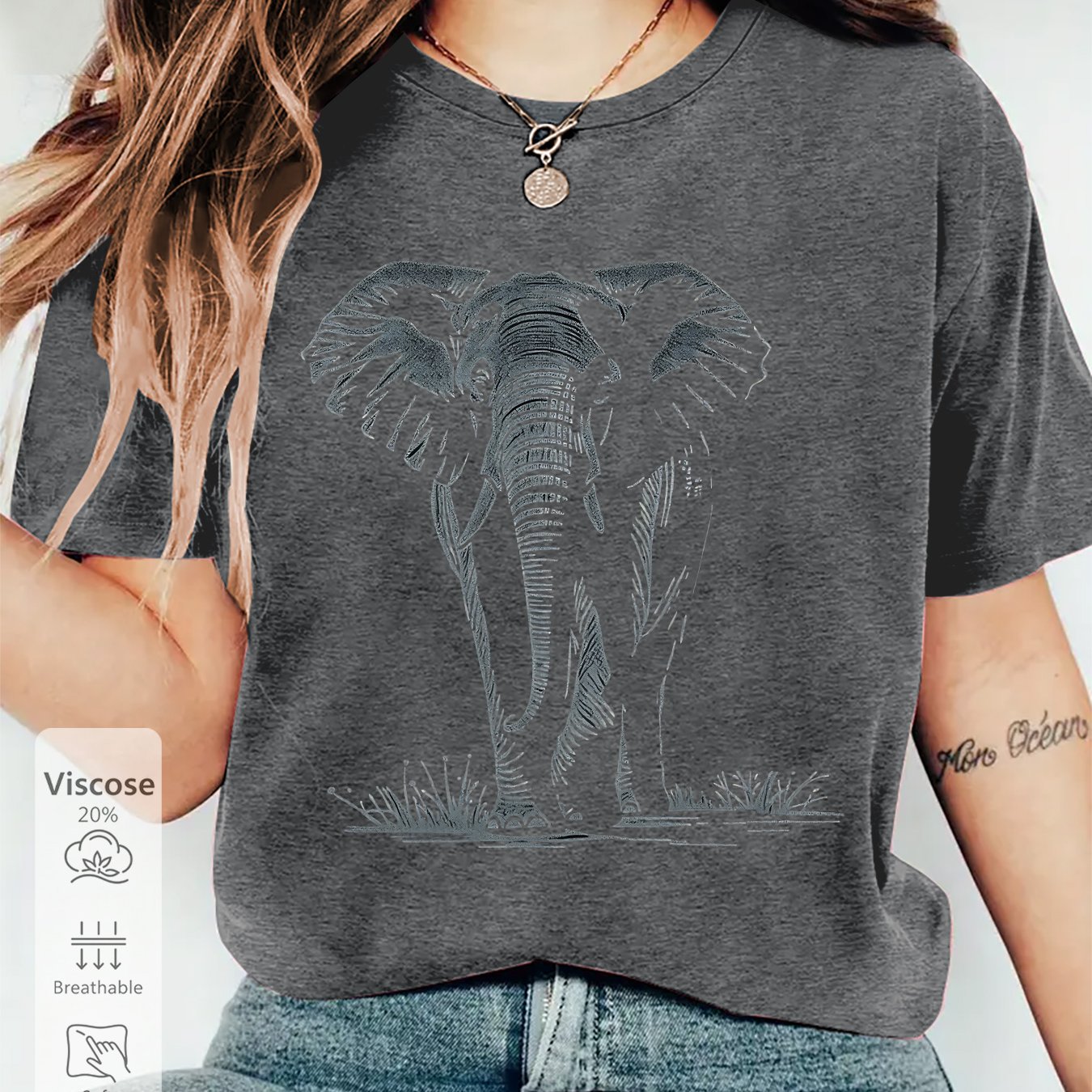 TEMU [women's New Arrival] Women's Summer Clothing, Sketch Elephant Print Round Neck Short Sleeve T-shirt, Athletic Casual Lightweight Comfortable