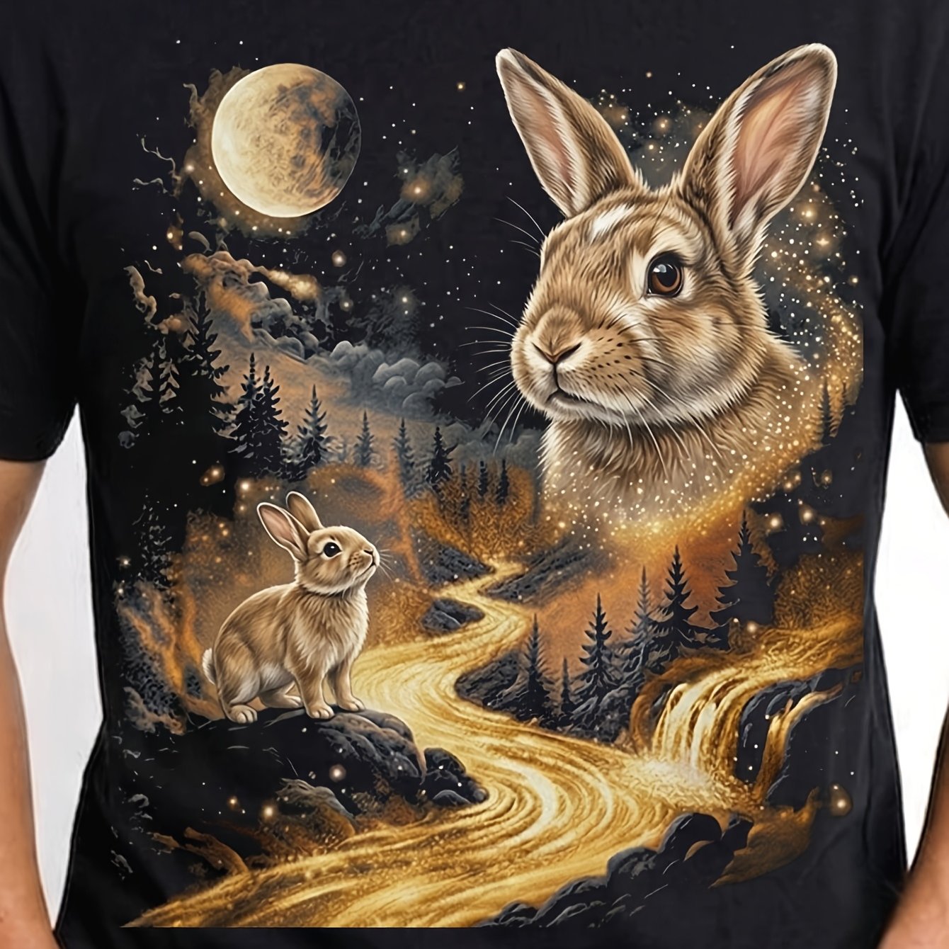Image of At The Moon Retro Pet Vintage 90s Bunny Rabbit Animal Graphic Tee Retro Wilderness Style Camping Hiking Attire Gift For Men Men's T-shirt 180g Round Neck
