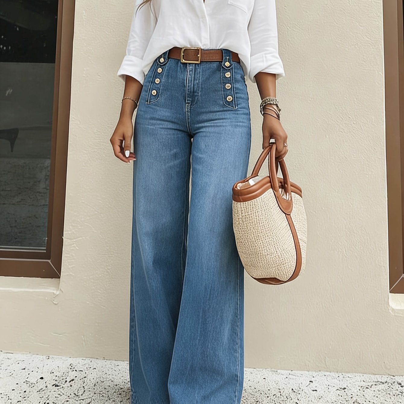 Image of European And Women's High-waisted Wide-leg Jeans, Retro Washed Blue Long Pants With Decorative Buttons, Style Loose Wide-leg Trousers, Perfect For Commuting And , Flattering Wide-leg Pants