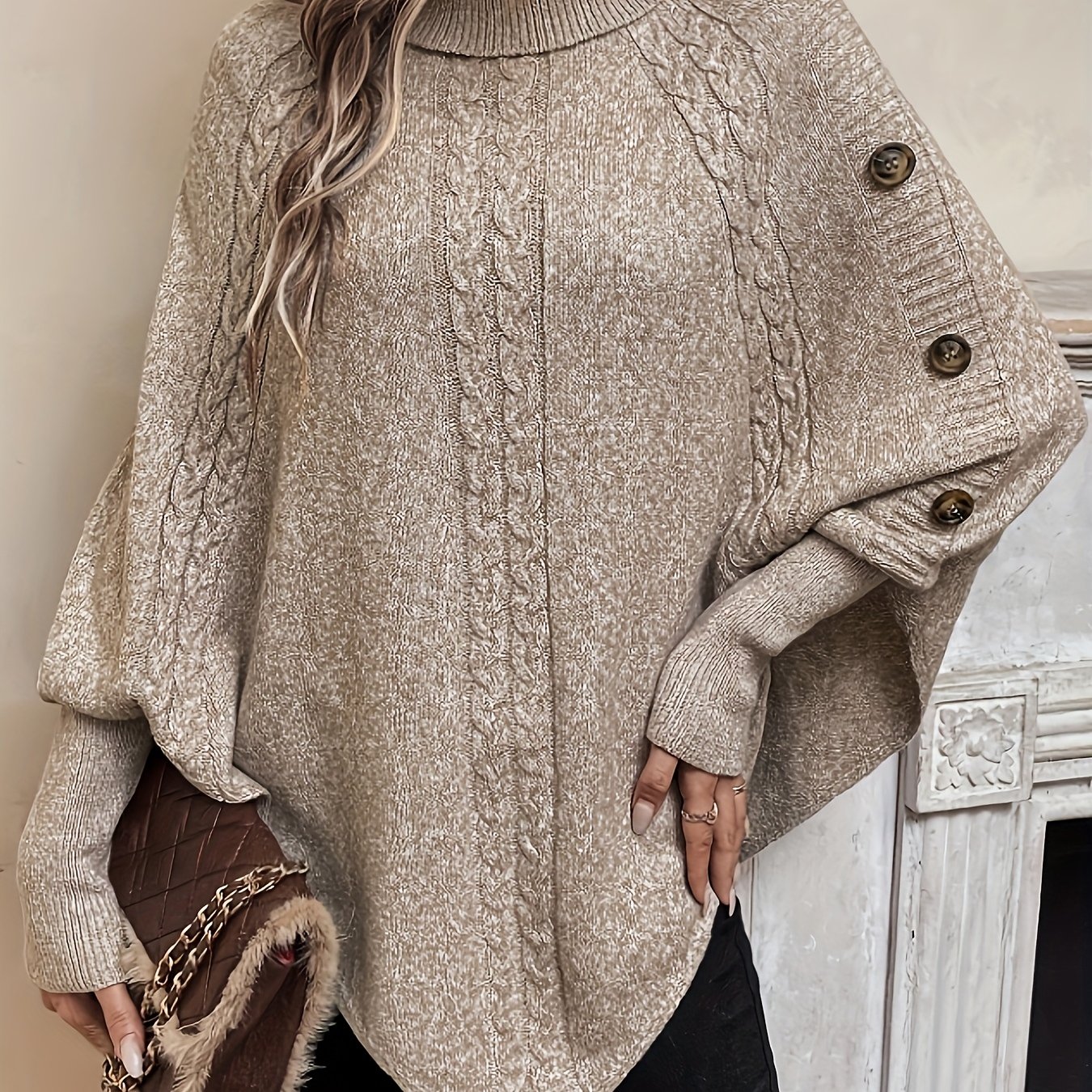 TEMU Premium Solid Color Long Sleeve Sweater Women's Fashion High Neck Pullover