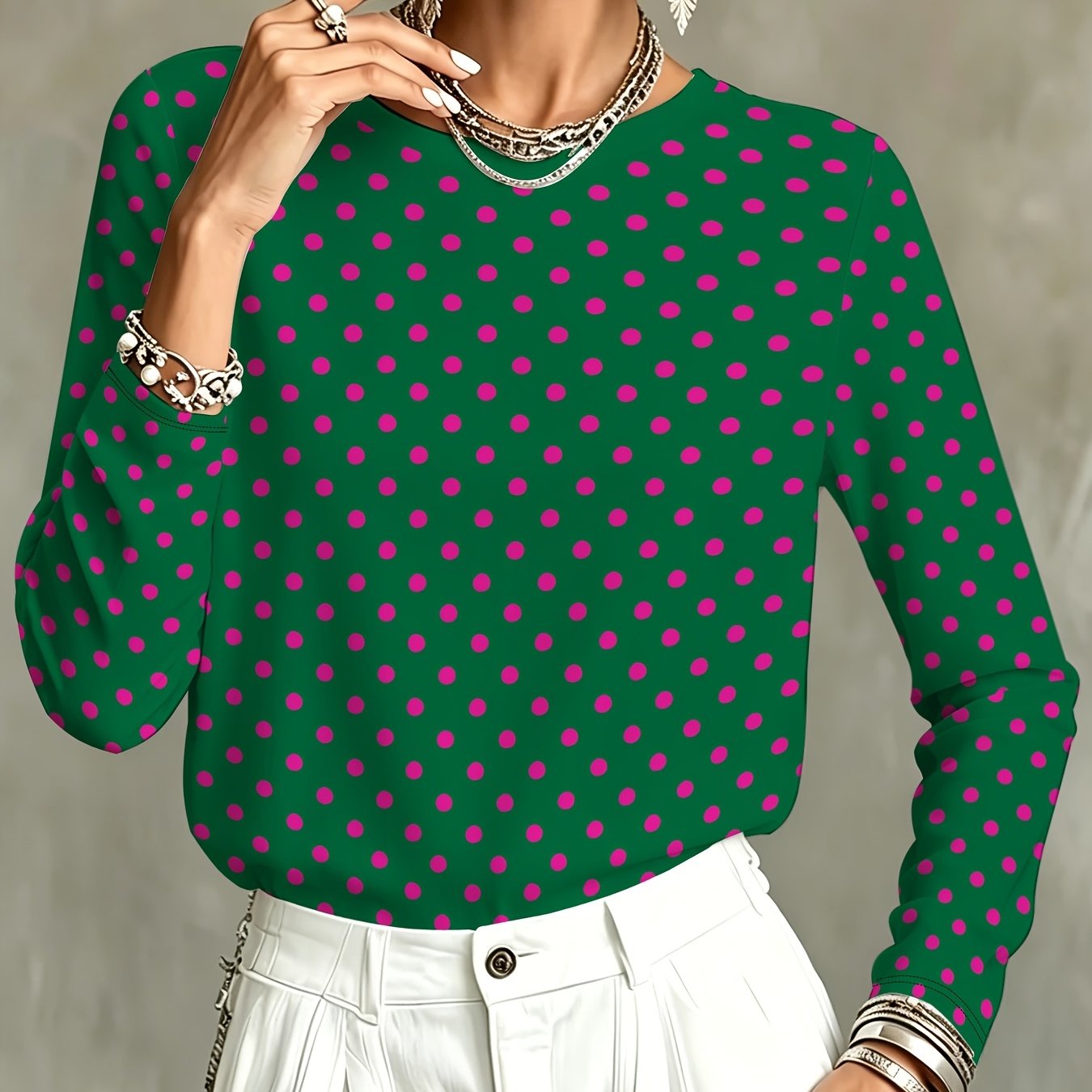 TEMU Green Polka Dot Printed Women's Long Sleeve Shirt, Fashionable Loose All-match, Leisure Commute, Sense , Niche Trendy Piece, Essential For