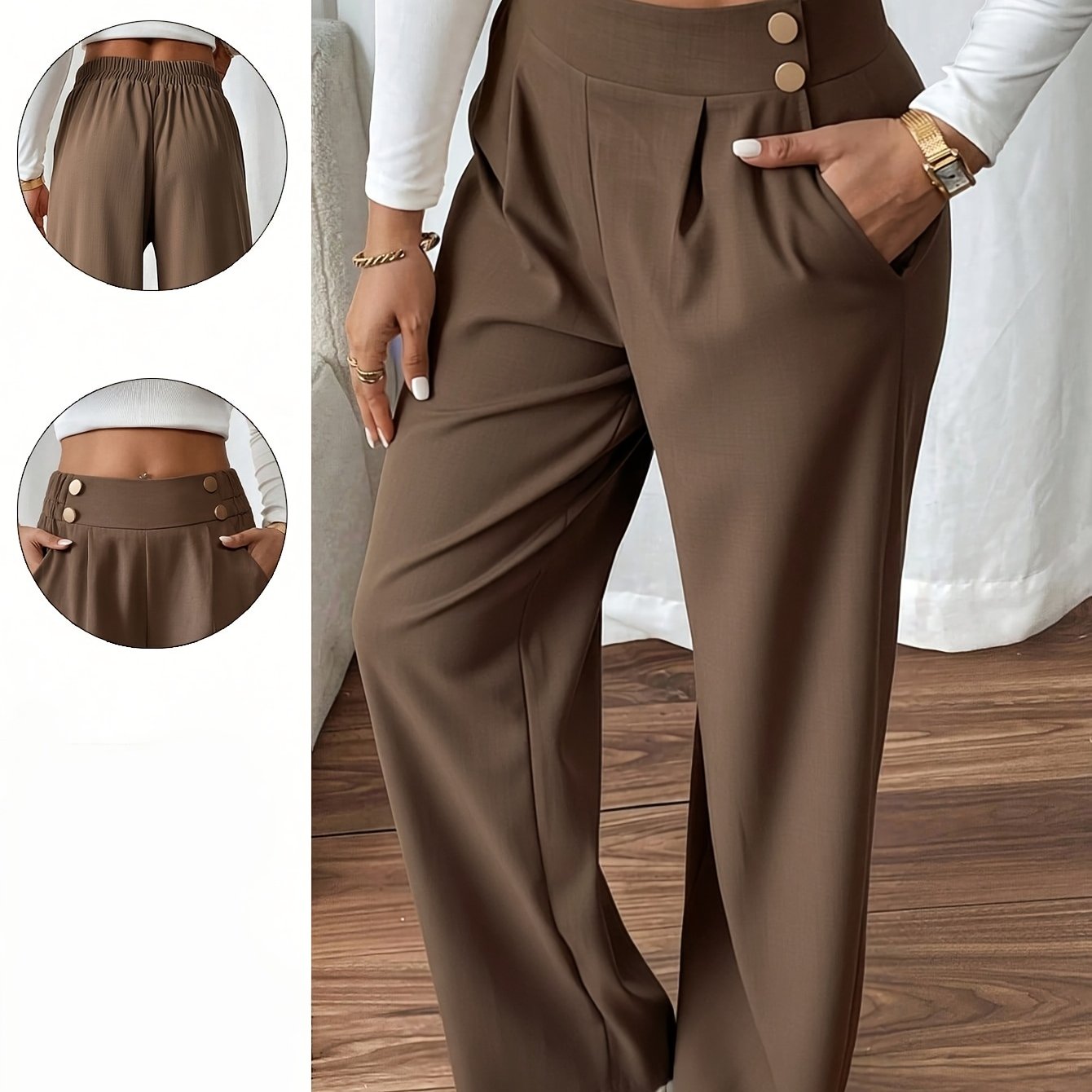 TEMU Women's Fashion Commuter Trousers, Elegant Double-button Straight Office Pants, Loose Fit, Suitable For Petite Women, Women' Fit, Double-button
