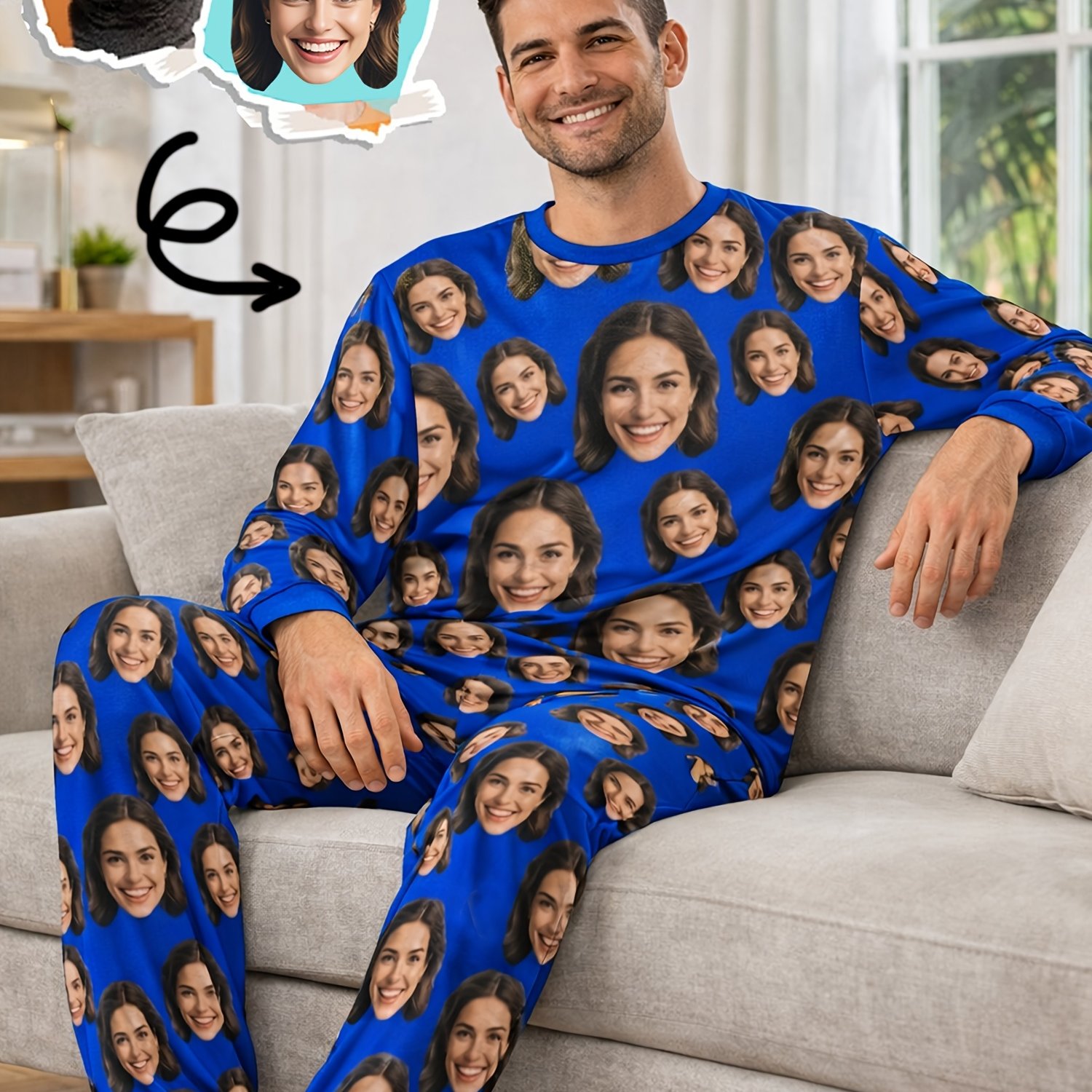 E-shop Personalisiertes Herren-Pyjama-Set mit Gesicht, bequemer langärmeliger Thermopyjama mit Gesichtsaufdruck, lustige warme Freizeitkleidung für