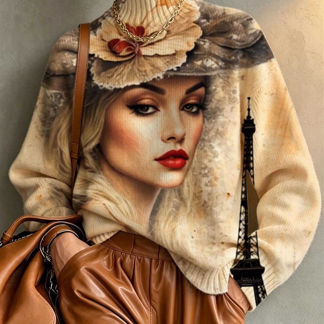Image of Womens Printed High Neck Long Sleeve Heavyweight Sweater, Vintage Parisian Portrait With Floral Hat And Whimsical Butterflies, Warm Nostalgic Autumn/winter Pullover For Casual And Elegant Occasions