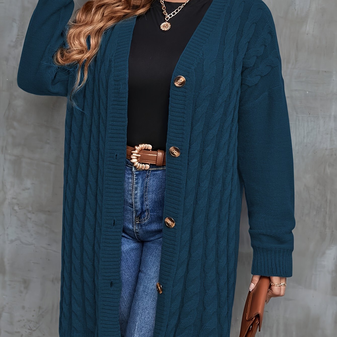 Plus Size - Plus Size - Plus Size Women's Long Cardigan, Cable Pocket Sweater Coat Thickened Style
