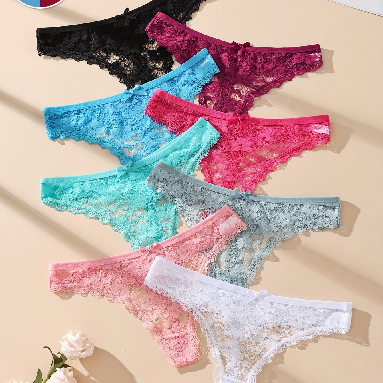 E-shop 6er-Pack Damen Sexy Spitzenunterwäsche - Weiche Low-Rise-Slips in Verschiedenen Farben (Schwarz, Pink, Blau, Türkis, Weiß, Beige) -