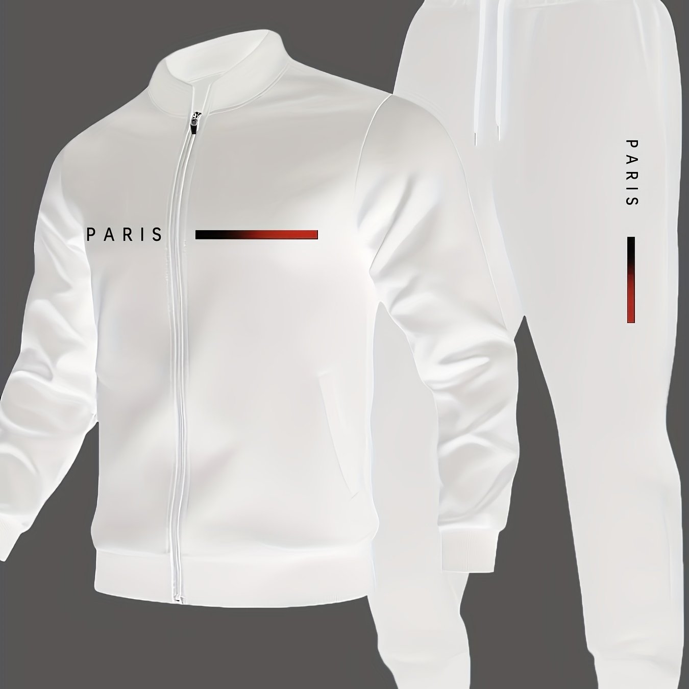 2pcs Men's Paris Letter Print Jacket And Drawstring Outdoor Casual Sports Pants Set | Crew Neck, Regular Fit, , Stretch Fabric With Pockets