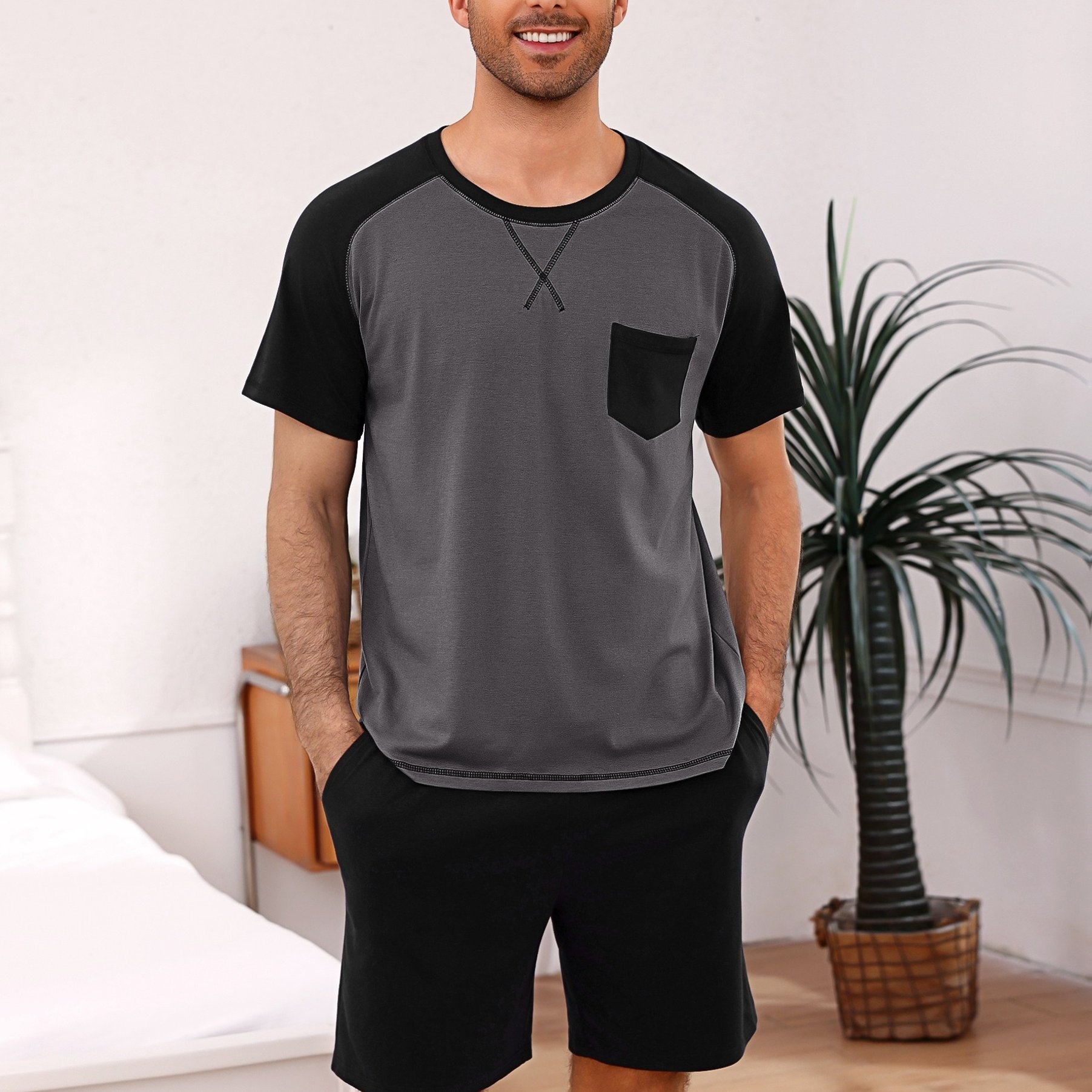 Men's Short-sleeve Summer Cotton Pajama Set With Chest Pocket