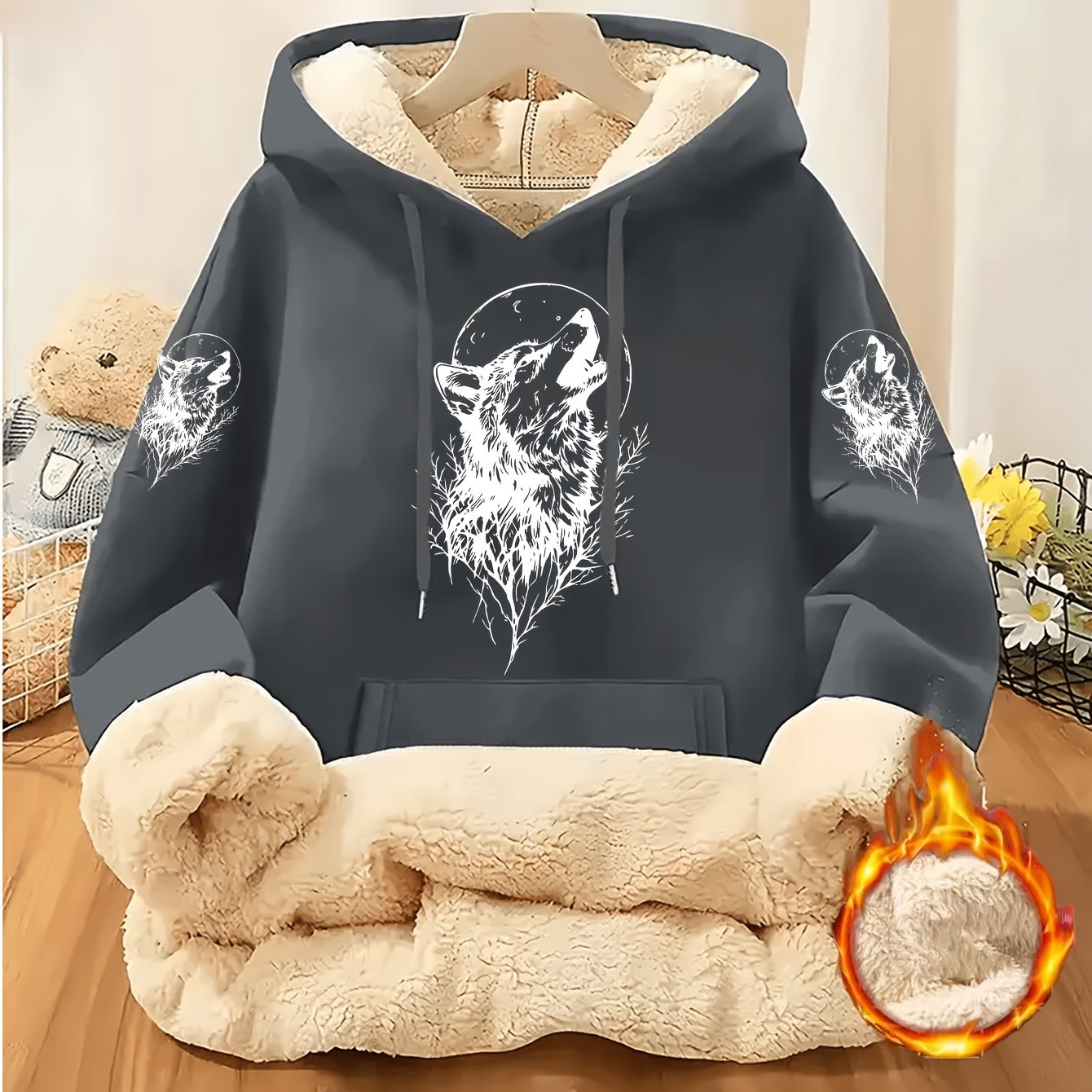 TEMU Women's Fleece Hooded Sweatshirt With Wolf Print Design-thickened And Warm Autumn And Winter Style, Casual Long Sleeves With Pockets, Machine