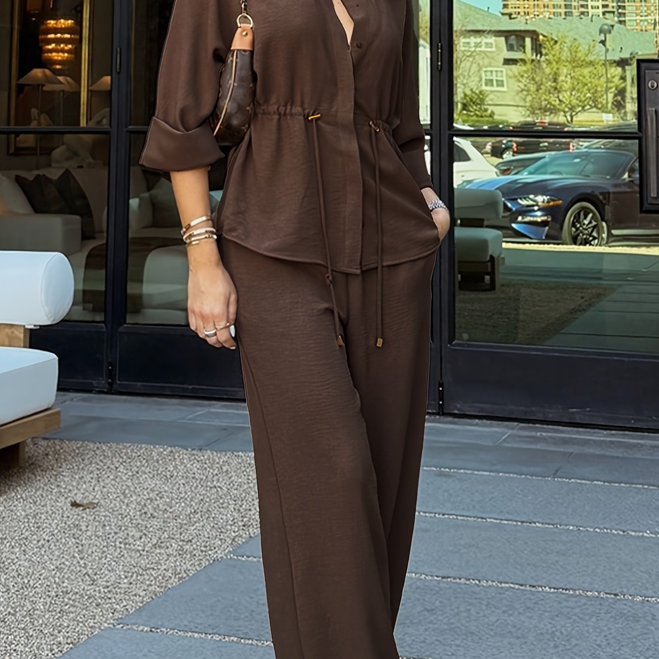 Image of Women's Spring Autumn Solid Color Casual Easy Leisure Open Front Button Waist Drawstring Design Sense French Retro Long Sleeve Shirt And Wide Leg Pants Two-piece Set
