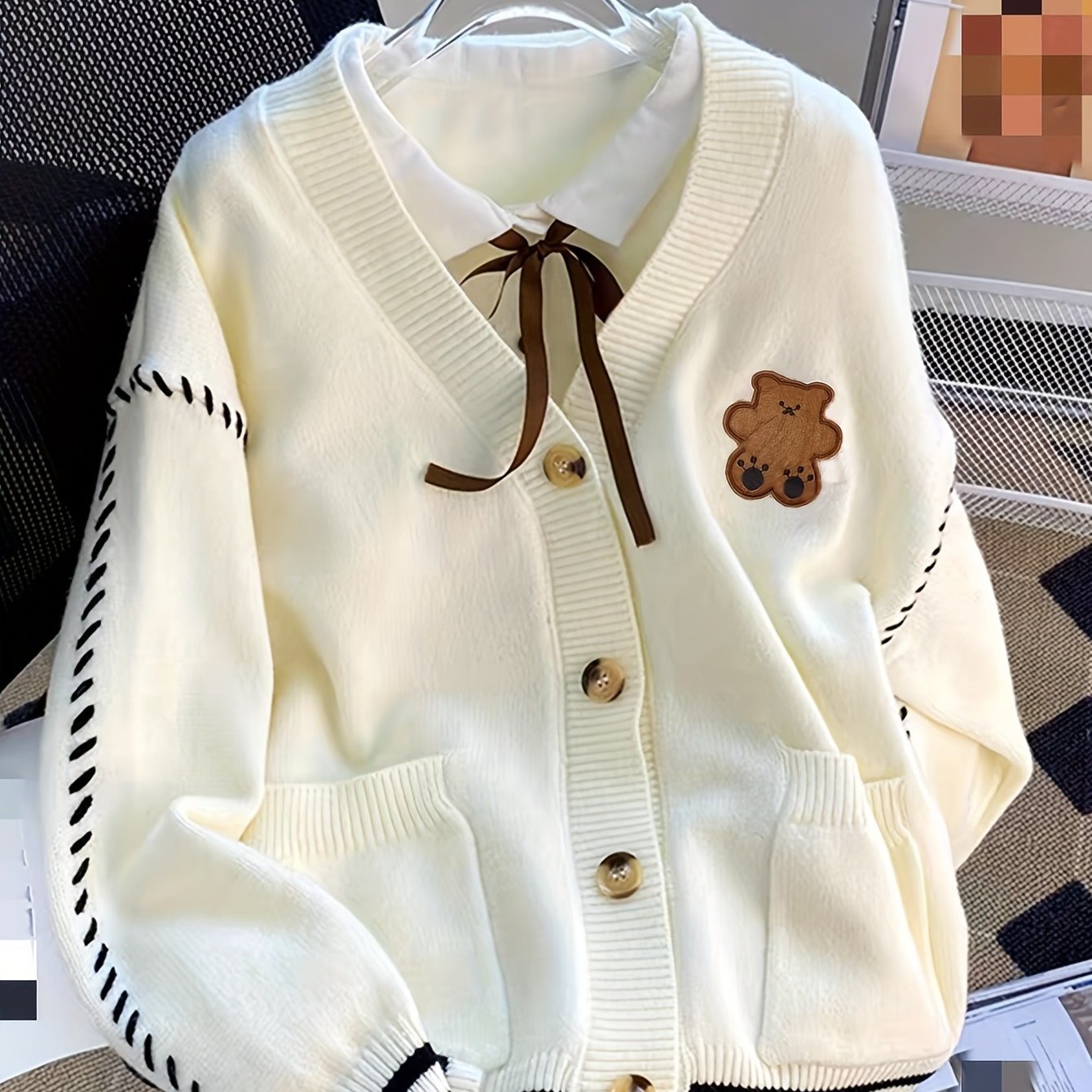 TEMU Cardigan pull à broderie d', haut de couche supérieure à poche, cardigan à avec cordon de serrage et à de couleur