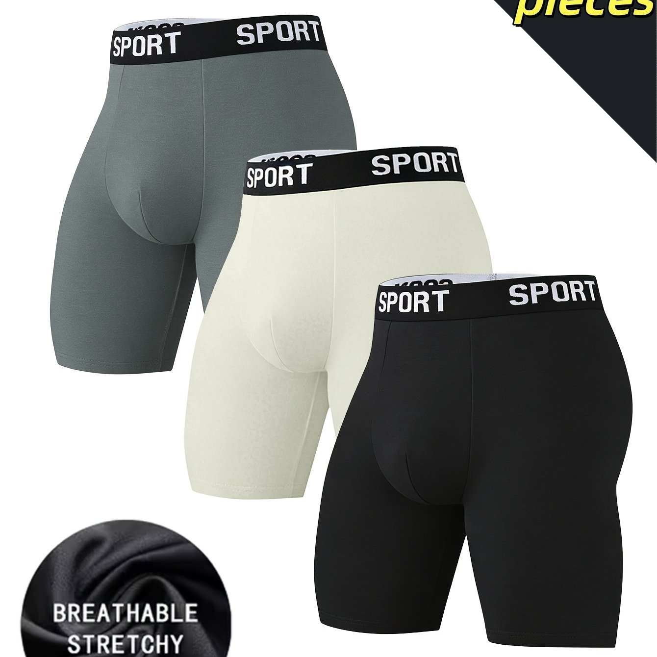 TEMU 3pcs Men's Long Boxer Briefs - High Elasticity, Quick-dry Breathable Fabric, Four-needle Stitching For Durability, Sport And Casual Underwear,