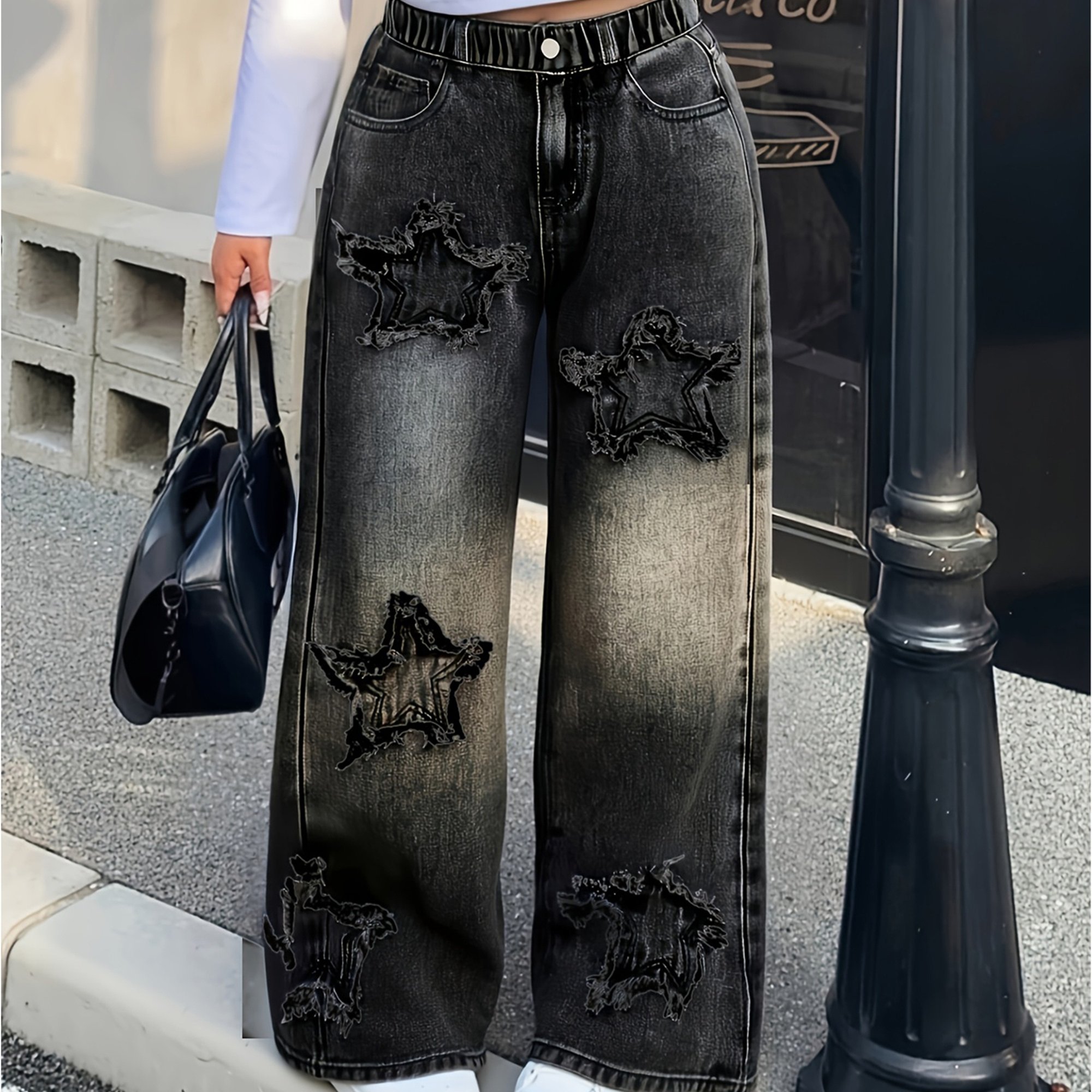 Image of Girls' Y2k Girly Black Washed Pattern Trendy Fashionable All-match Straight-leg Denim, Mid-to-large Size Fashionable Denim, Elastic Waist Comfortable Fabric Suitable For Autumn And Winter And Wear