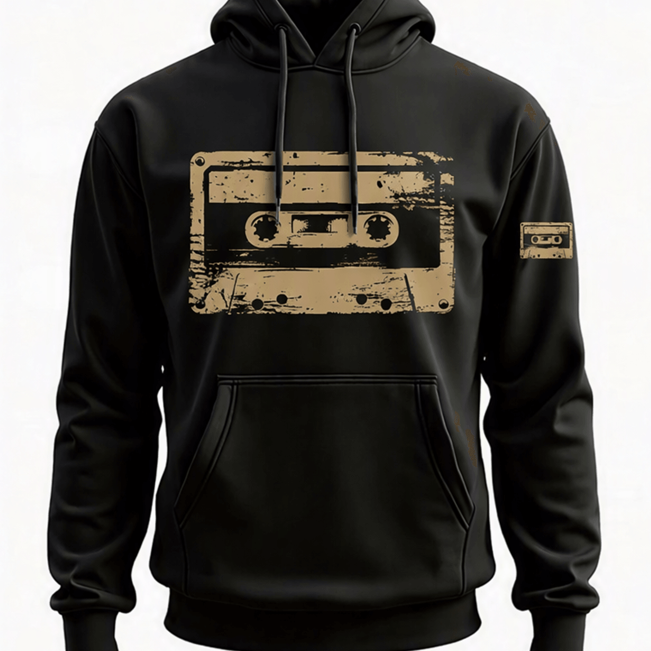 Image of A Trendy Printed Hoodie Designed With Vintage Cassette Tape Theme Men's Hoodie Fleece Thickened Hoodie Suitable For Autumn Winter Casual Daily Wear Streetwear Fashion Gift For Music Lovers