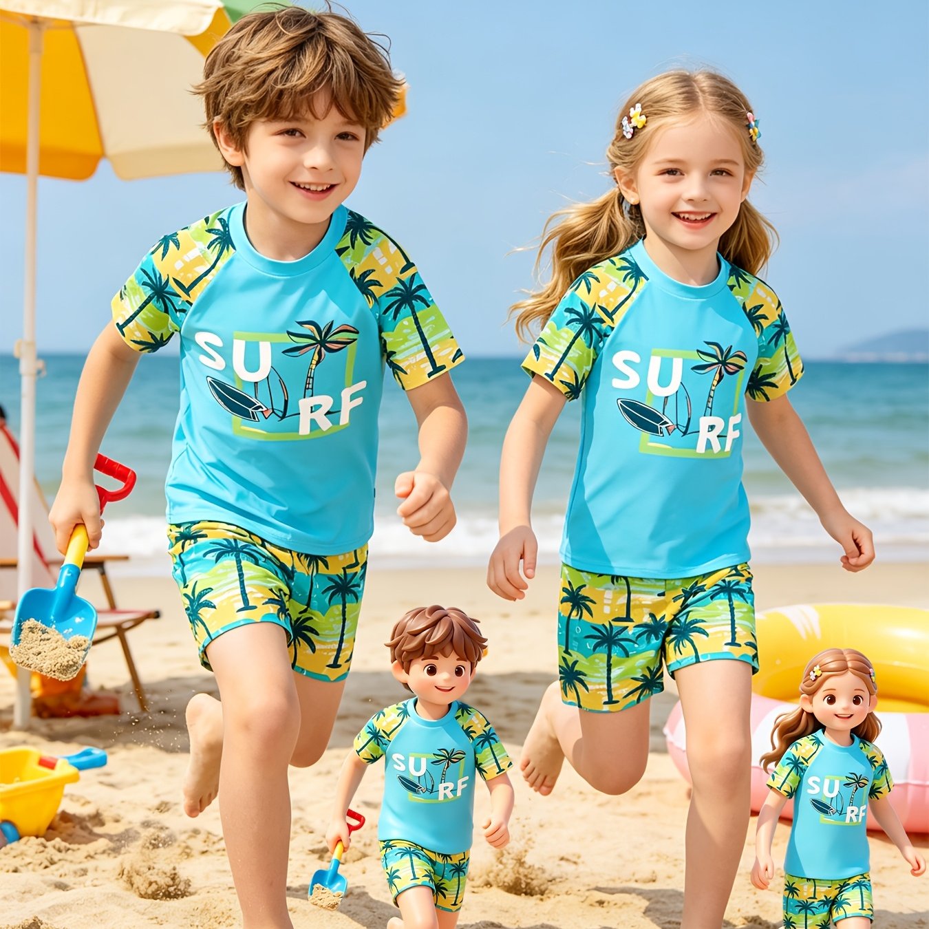 TEMU Ensemble de maillot de bain décontracté et simple pour garçon, à col rond et manches courtes, avec short, adapté pour l'été et