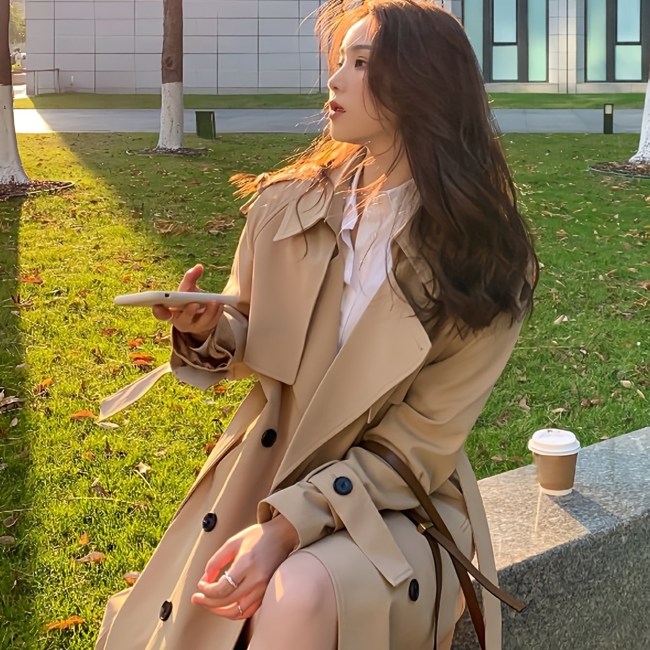 TEMU Trench Coat Women's Spring Autumn New Korean Design Mid-length Jacket Ins Versatile Loose Temperament Overcoat