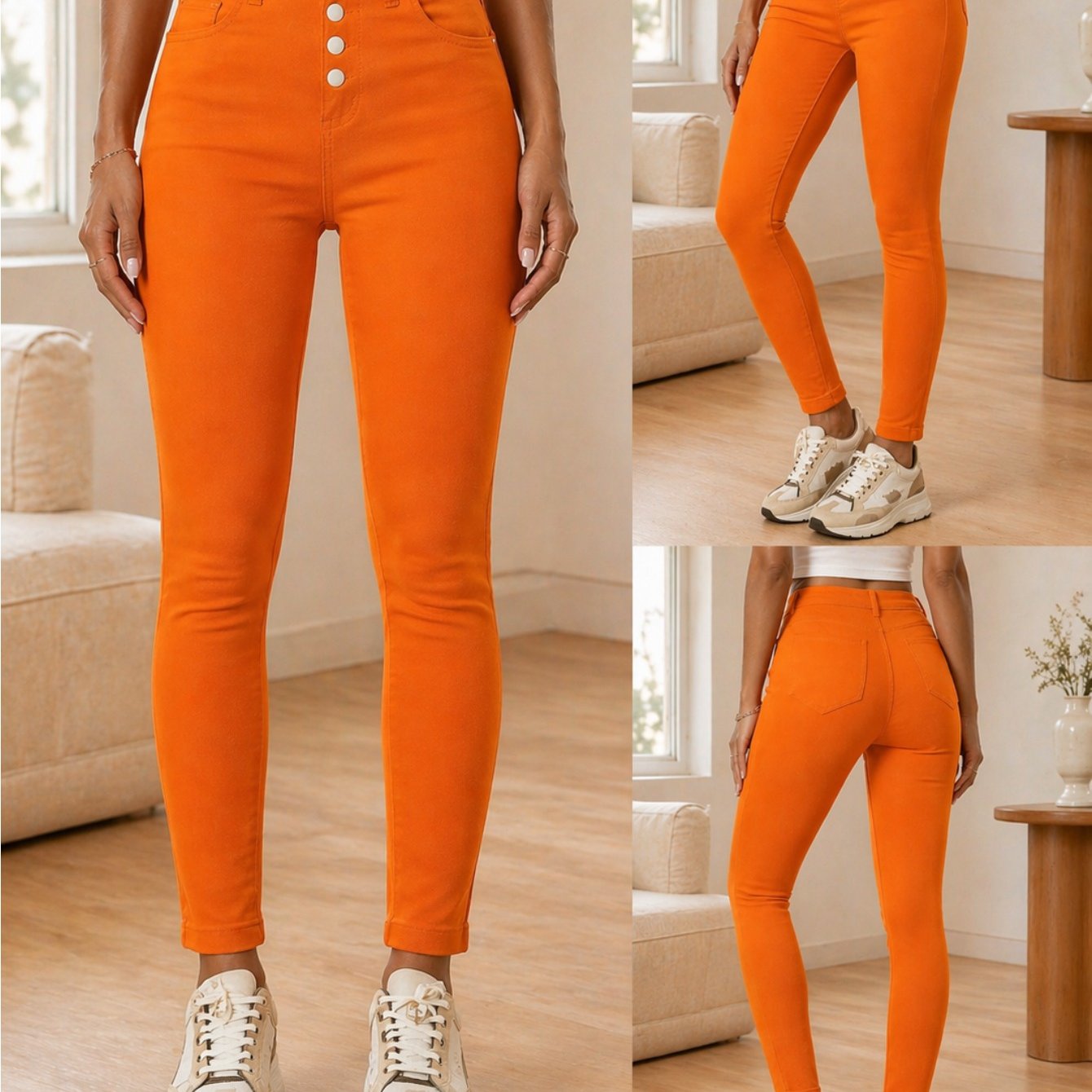 TEMU Women Orange High Waist Skinny Jeans Button Front Stretch Denim Pants Slim Fit Ankle Length Fabric Comfortable Casual Outdoor Everyday Wear