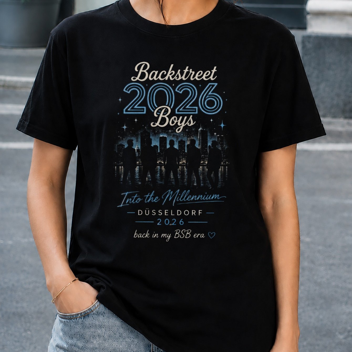 Image of Backstreet 2026 Silhouette Skyline Graphic T-shirt Back In My Bsb Era Fan Style Women's T-shirt