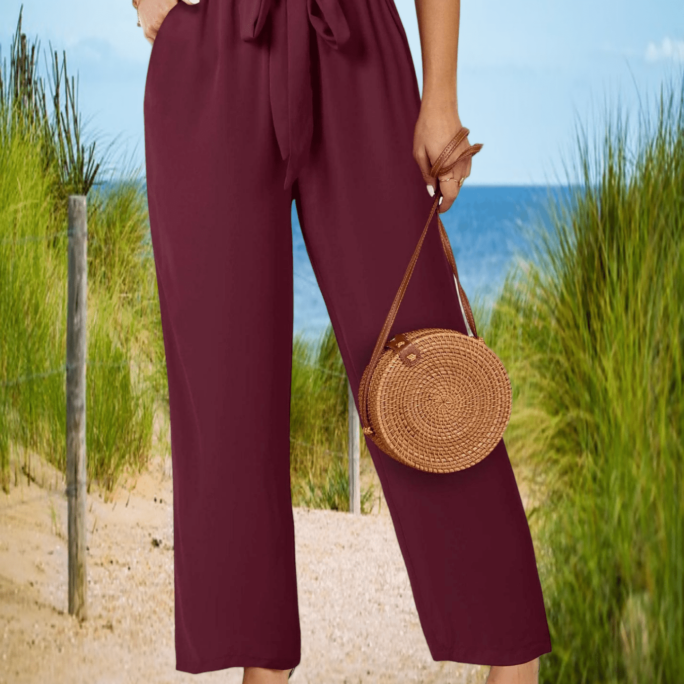 Women's Spring Summer Daily High Waisted Leopard Print Pants Belted Wide Leg Long Trousers With Pockets