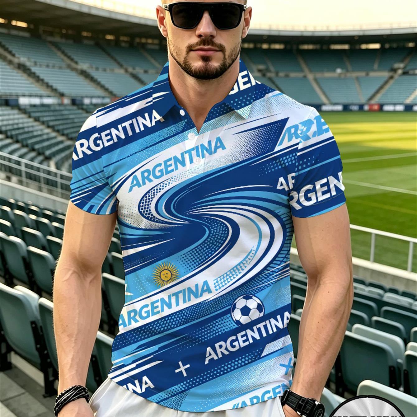 TEMU Men's Short-sleeve Shirt, Blue And White Dynamic Stripes With Abstract Soccer Elements And Totem, American-style Lapel Casual Sport Top