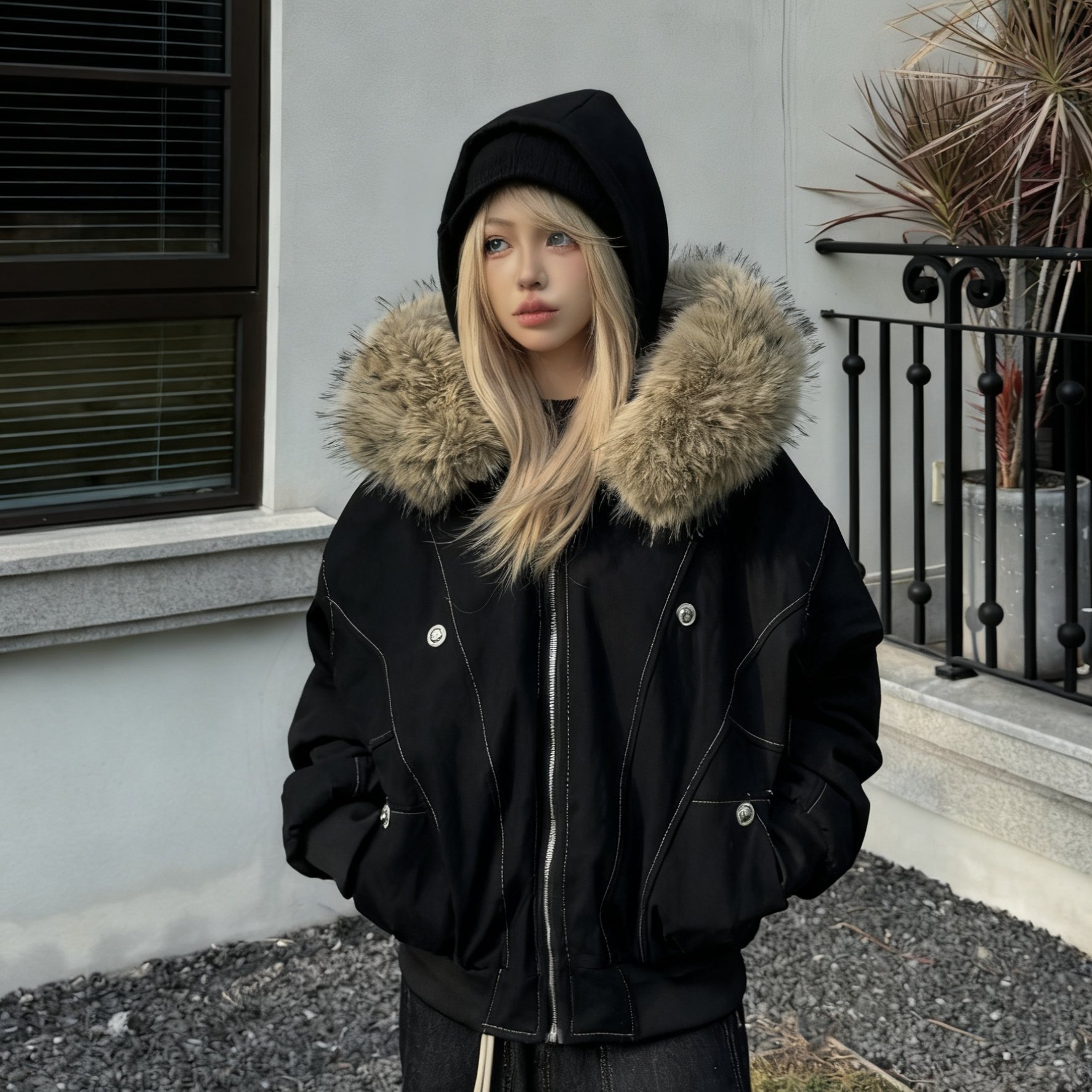 TEMU 2025 Autumn And Winter -style Rabbit Retro Hooded Jacket For Women, Thickened And Warm, Design- Coat